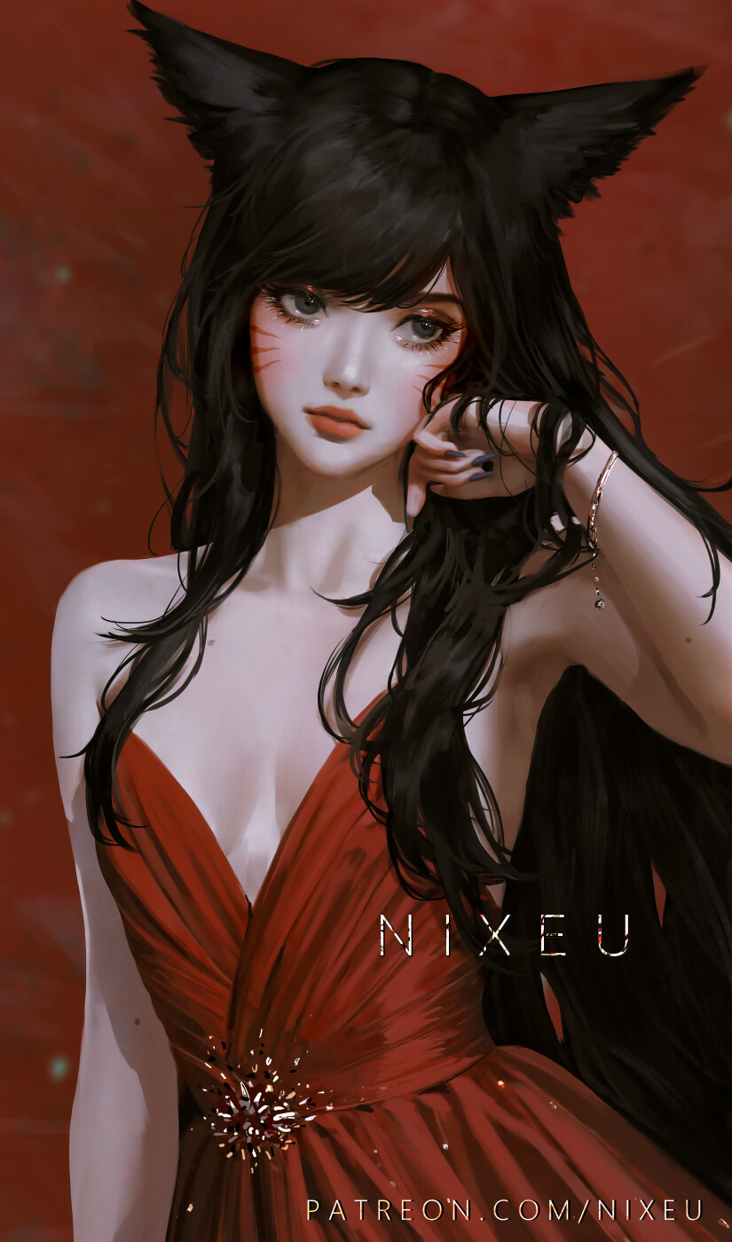 Nixeu Drawing Women Animal Ears Dress Red Clothing Face Paint Hands In Hair Red Vertical 825x1400