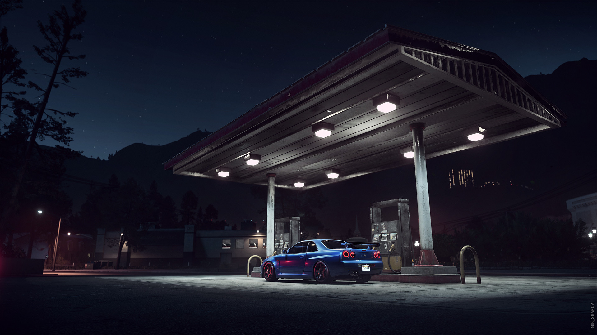 Nightscape Nissan Nissan Skyline R34 Night Gas Station Need For Speed Video Game Art Screen Shot Mou 1920x1080