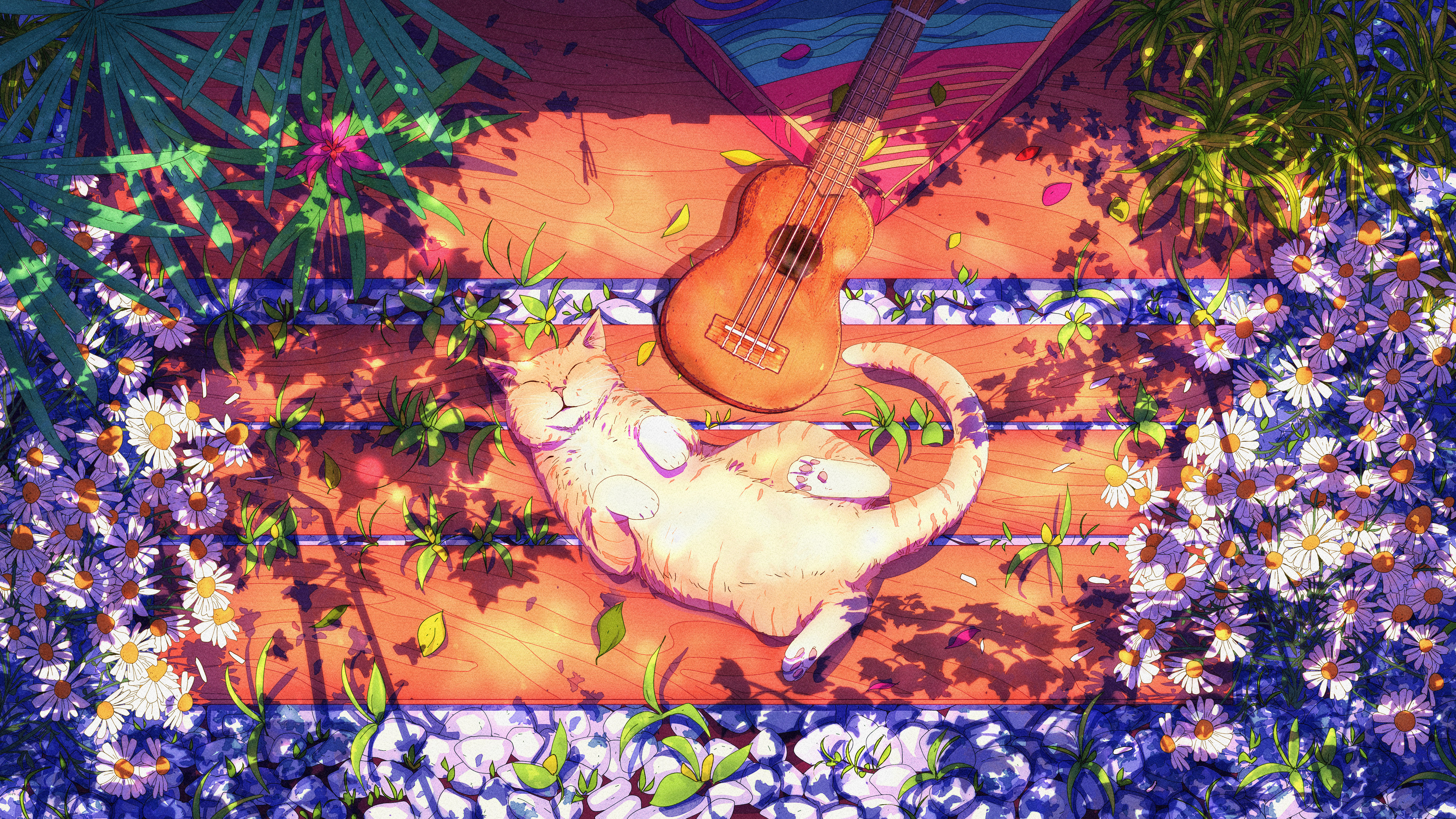 Christian Benavides Digital Art Fantasy Art Cats Guitar Flowers Bench Sunlight Musical Instrument Pe 3840x2160