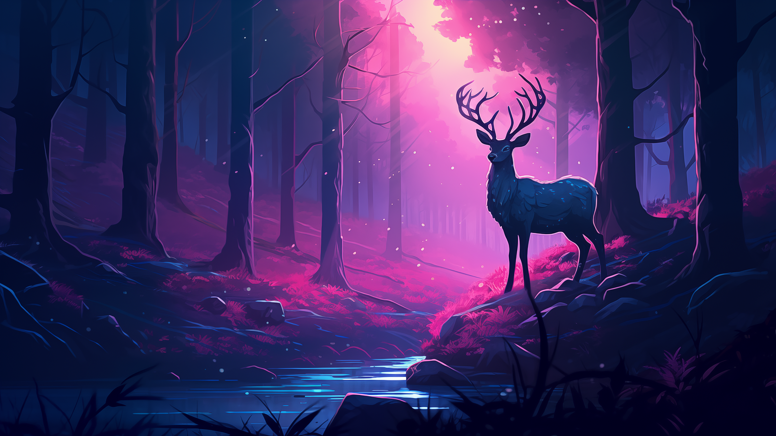 Night Purple Deer Forest River Warm Colors Pink Landscape Digital Art 2560x1440