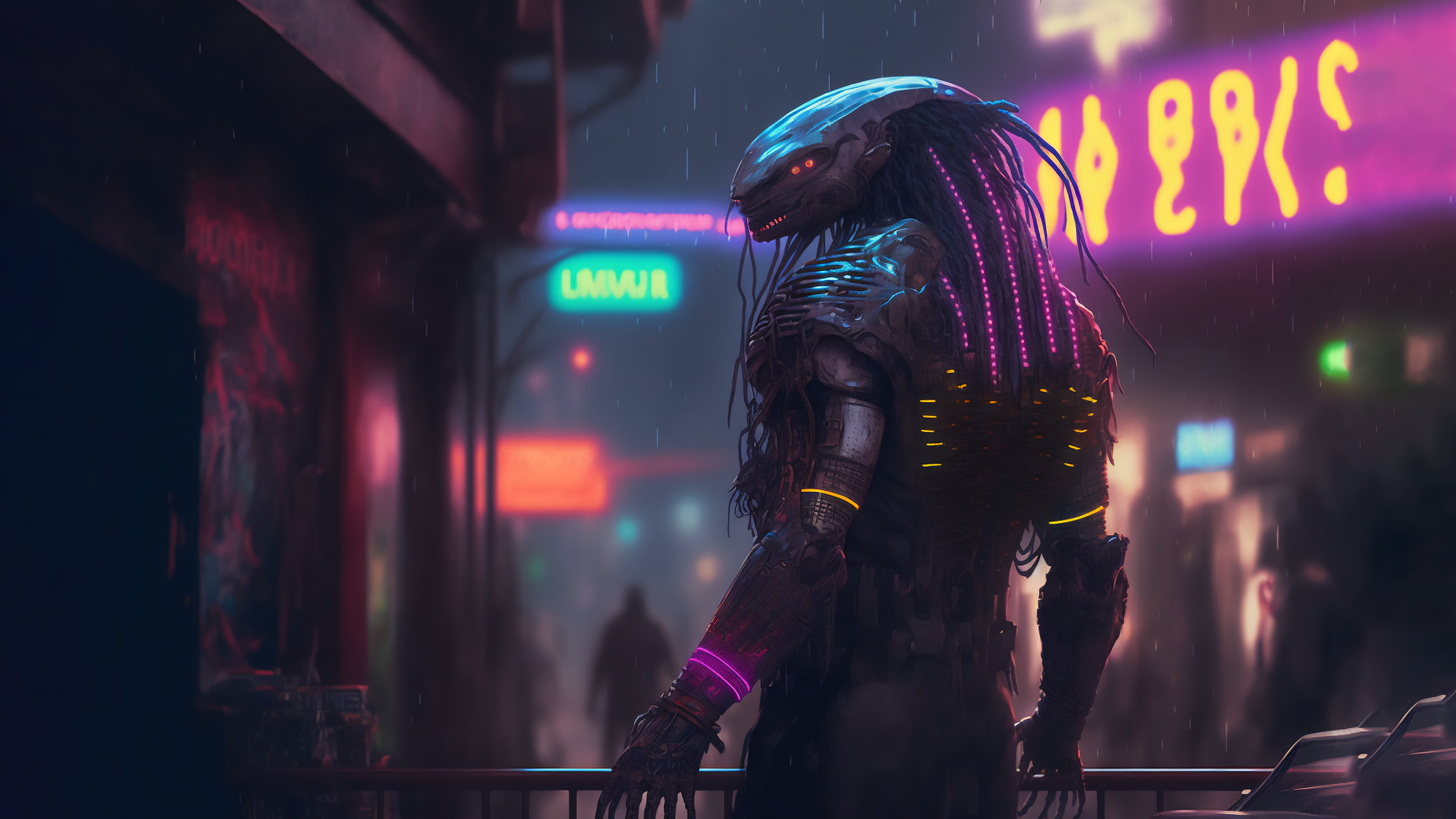 Aliens Hunter Cyberpunk City Dreadlocks Neon Ai Art 3640x2048