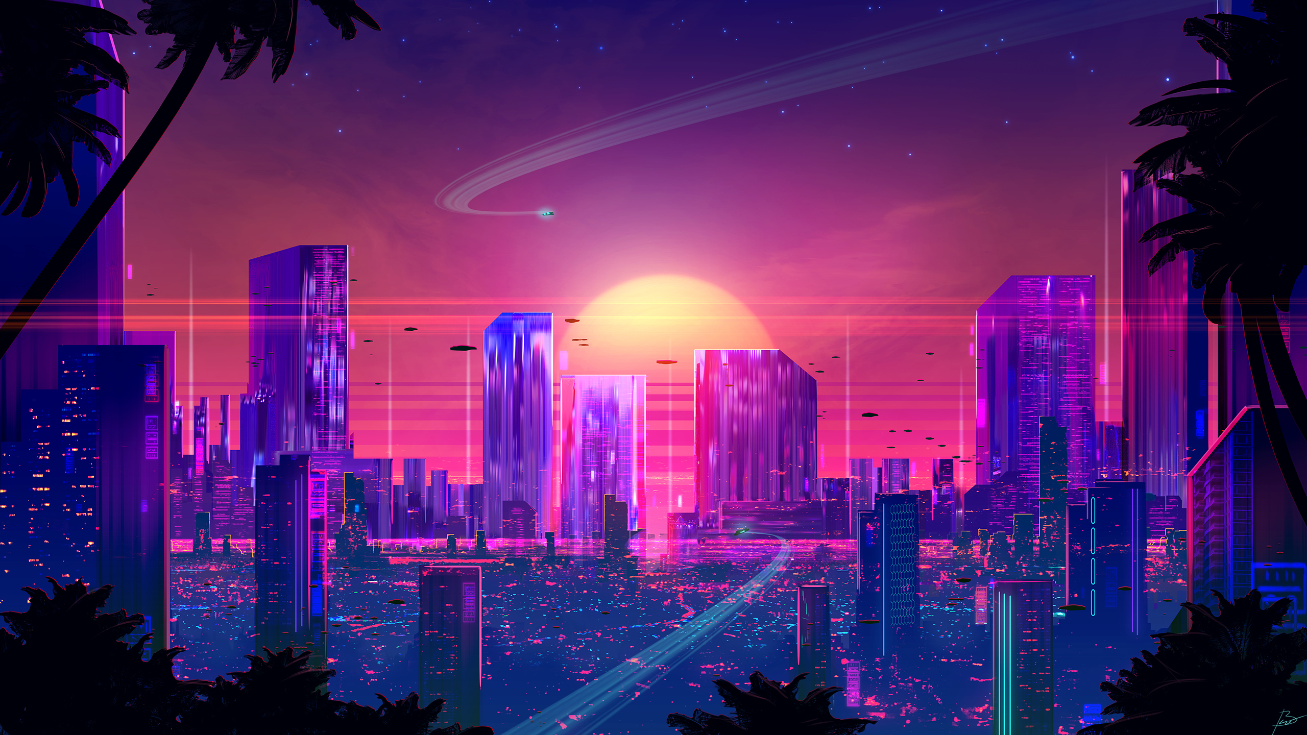 JoeyJazz Science Fiction Digital Art Retrowave Synthwave Cityscape City Sun 2560x1440