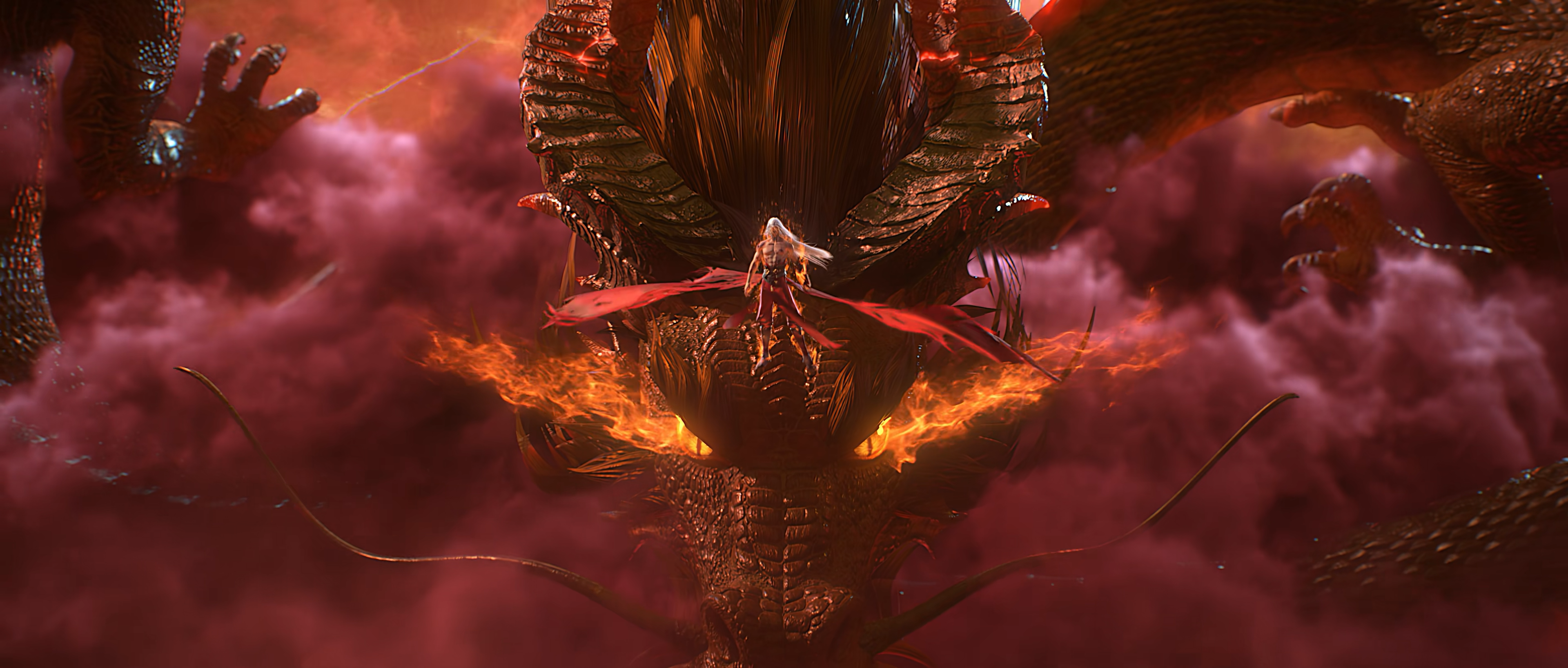 Daike Wan Mei Shi Jie CGi Dragon Fire Creature Chinese Anime Looking At Viewer Clouds 3840x1636