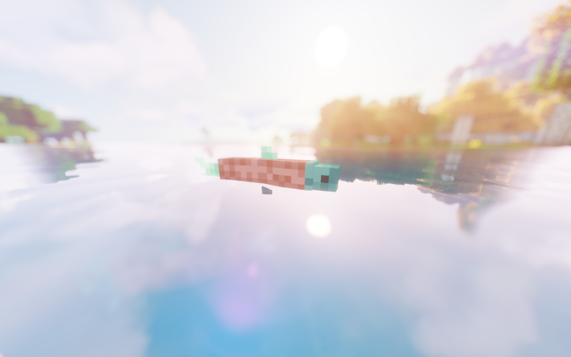 Minecraft Shaders Video Games CGi Video Game Art Cube Water Fish Sky Clouds Animals Blurred Blurry B 1920x1200