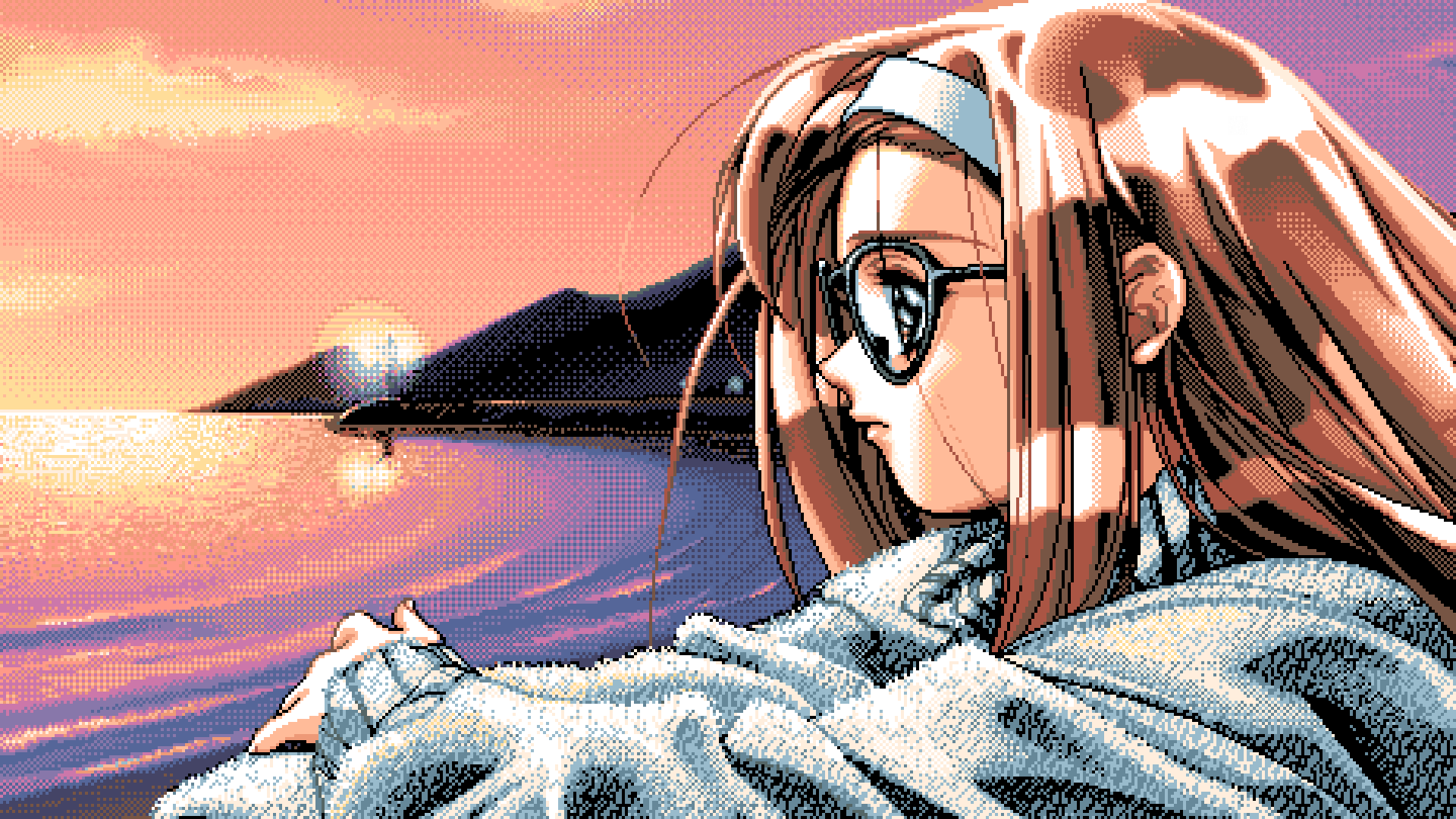 PC 98 Pixel Art Game CG Anime Girls Glasses Looking Away Looking Into The Distance Sunset Sunset Glo 1920x1080