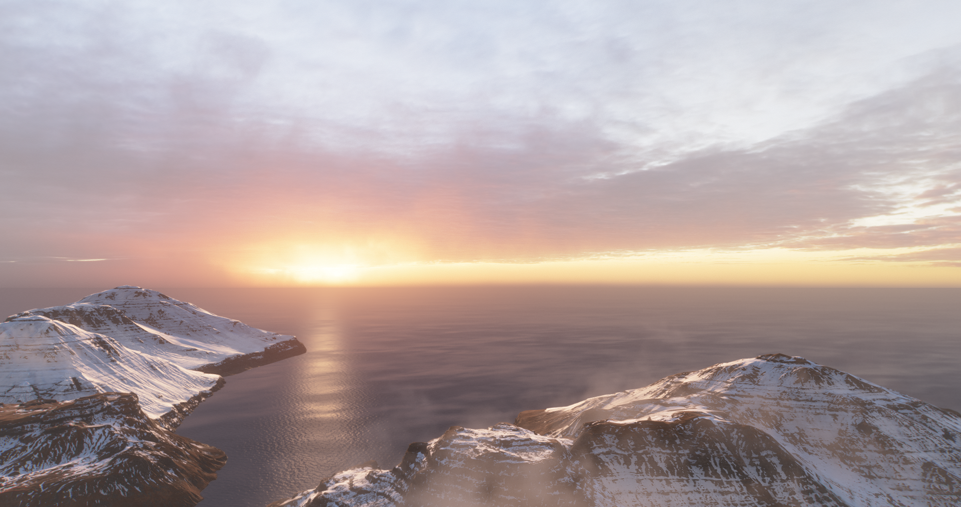 World Of Warships Game CG Ocean View Mountains Snow Sea Sun 1920x1013