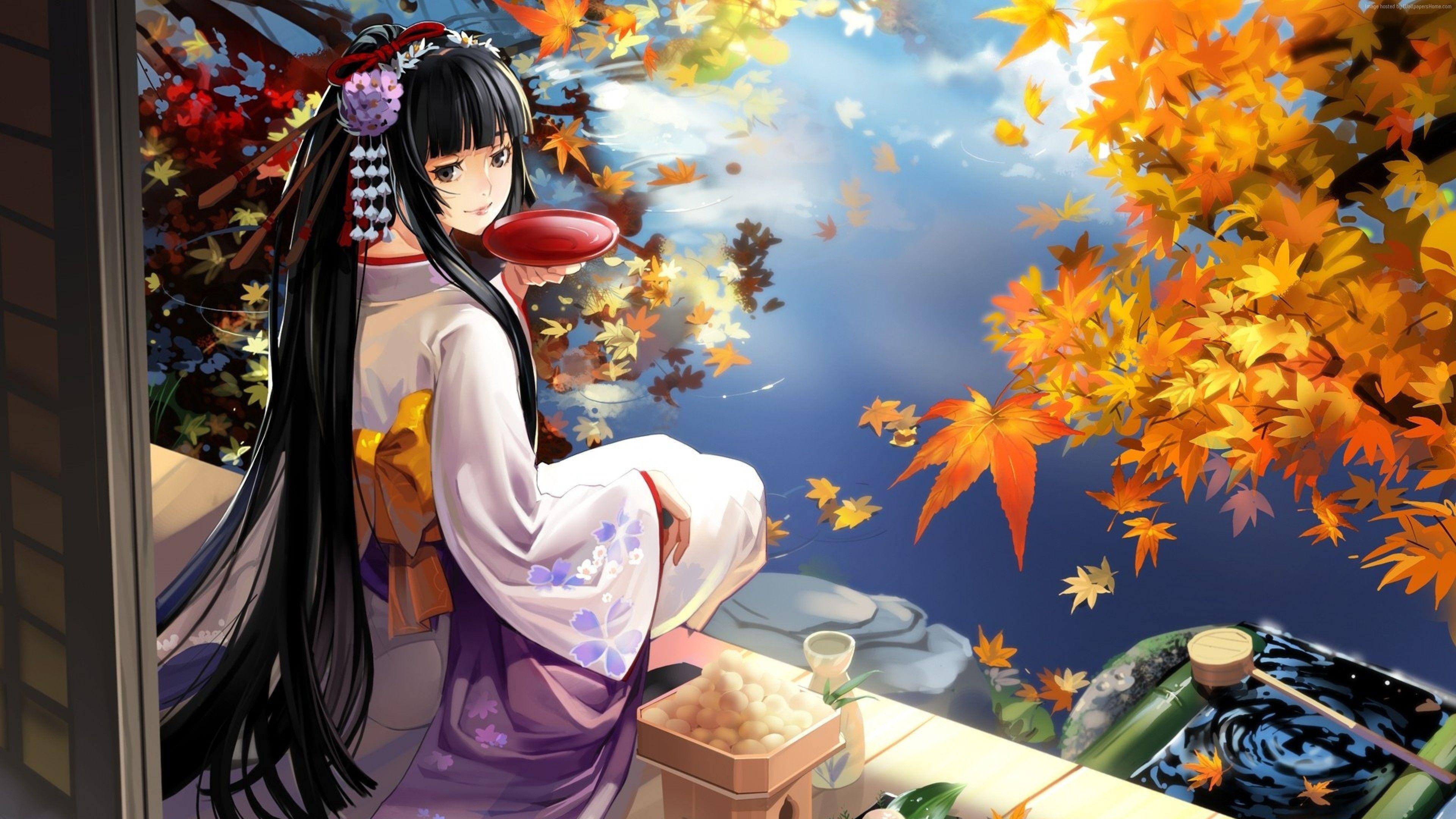 Anime Girls Long Hair Kimono Black Hair Water Looking Back Leaves Maple Leaves Food Alcohol Drinking 3840x2160