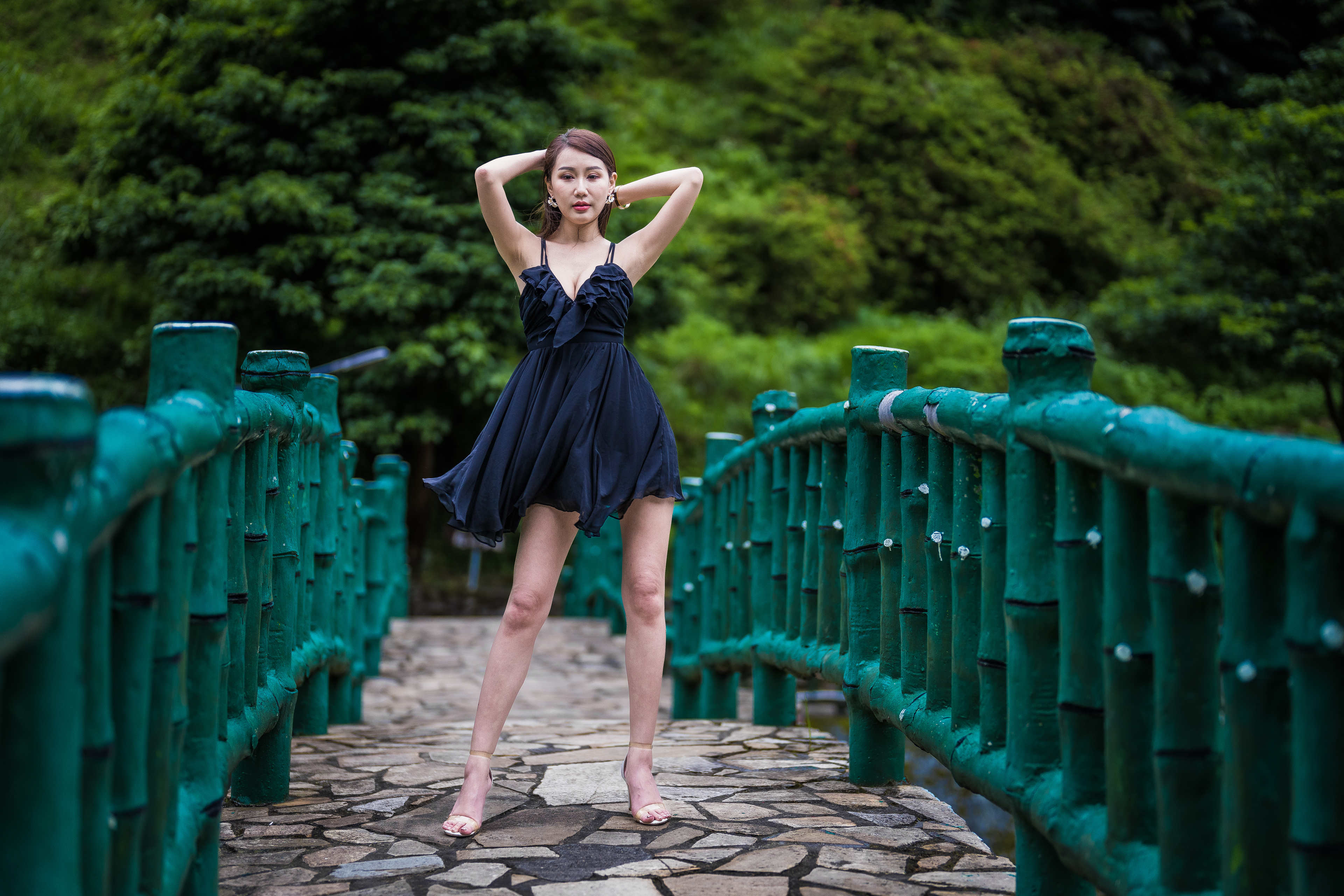 Asian Model Women Long Hair Dark Hair Bridge Barefoot Sandal Blue Dress Earring Bracelets Trees Dept 3840x2560
