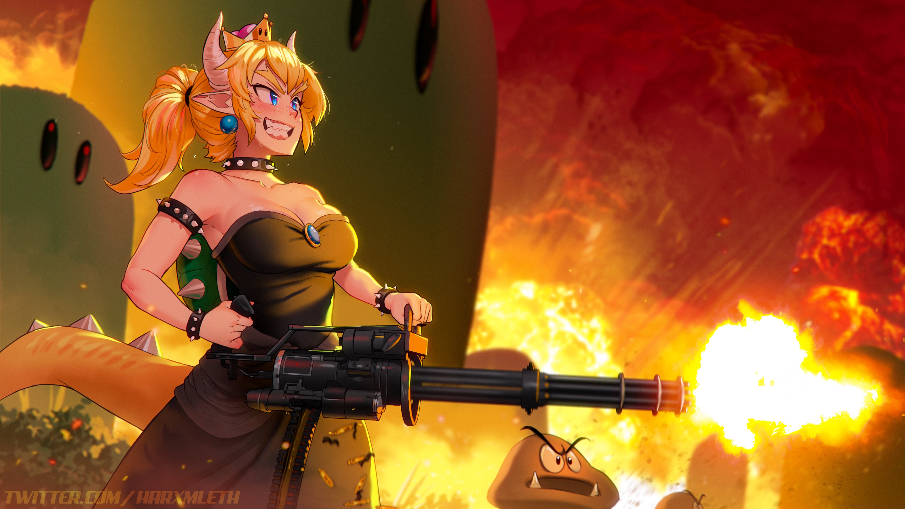 Anime Girls Mario Bowsette Bowser Goomba Fire Gun Watermarked Smiling Crown Choker Dress Pointy Ears 3840x2160