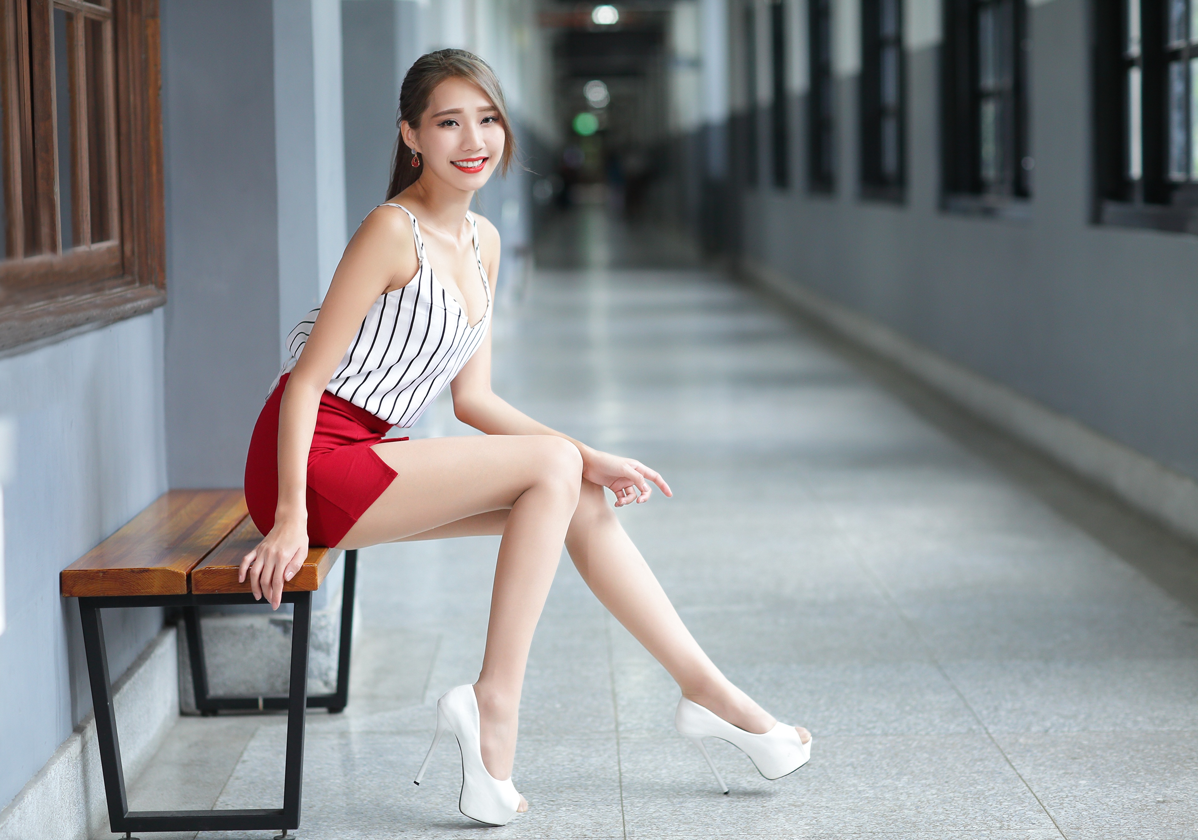 Asian Model Women Long Hair Dark Hair Sitting Bench Red Skirt White High Heels Striped Shirt Ponytai 3840x2692