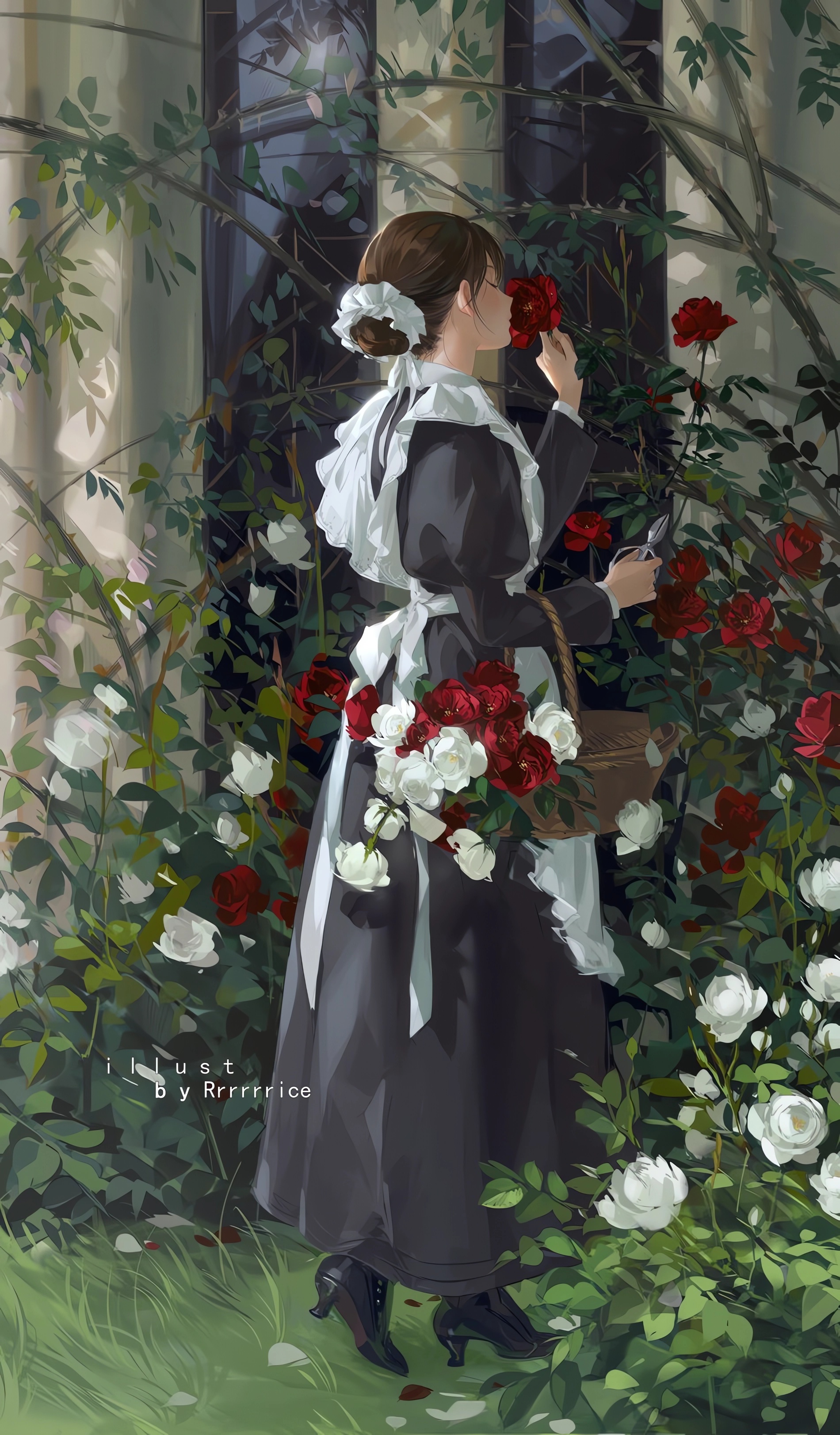 Anime Anime Girls Maid Maid Outfit Leaves Signature Flowers Grass Heels Standing Portrait Display Ro 1900x3246