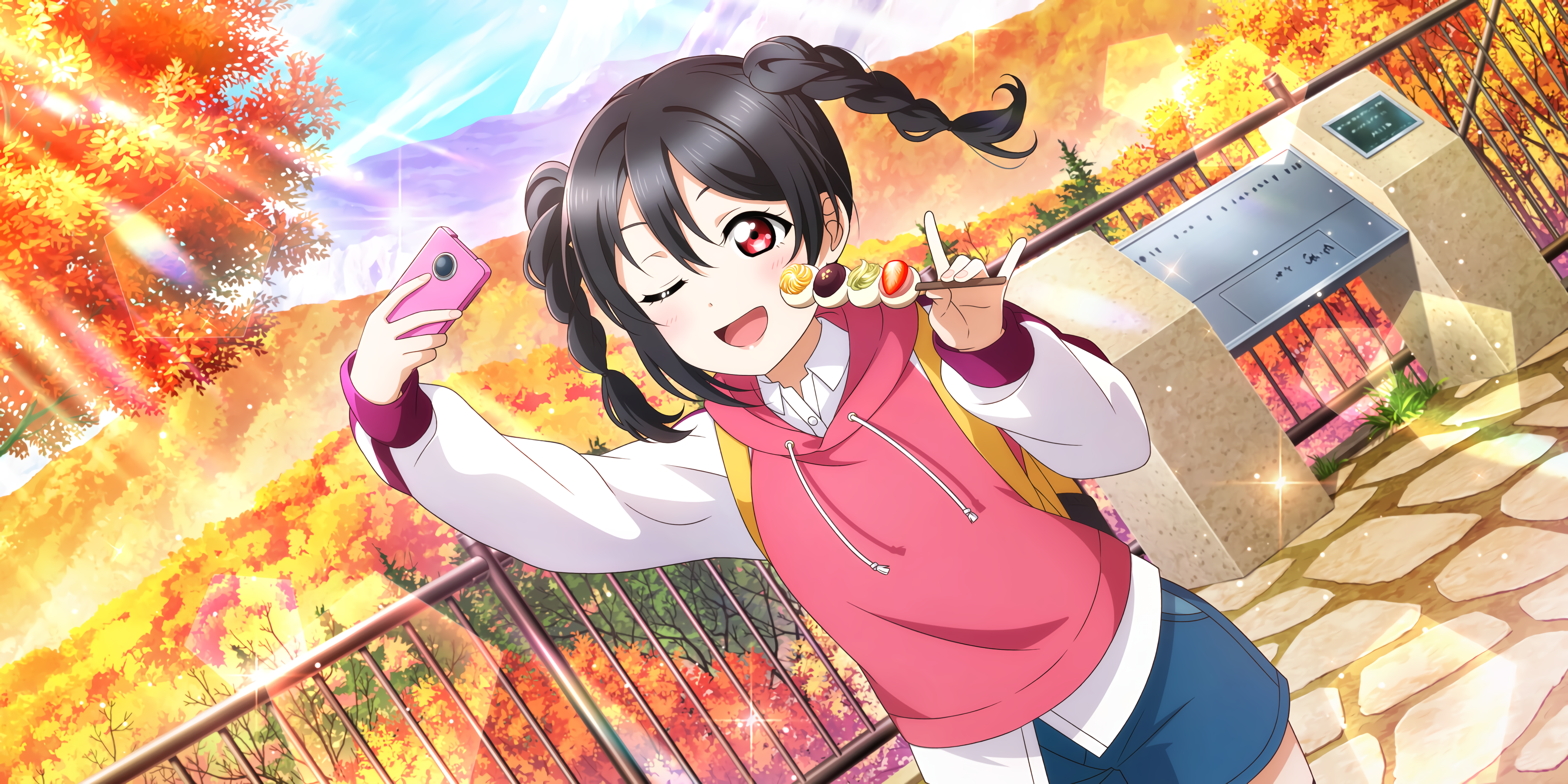 Yazawa Nico Love Live Anime Anime Girls Food One Eye Closed Trees Twintails 3600x1800