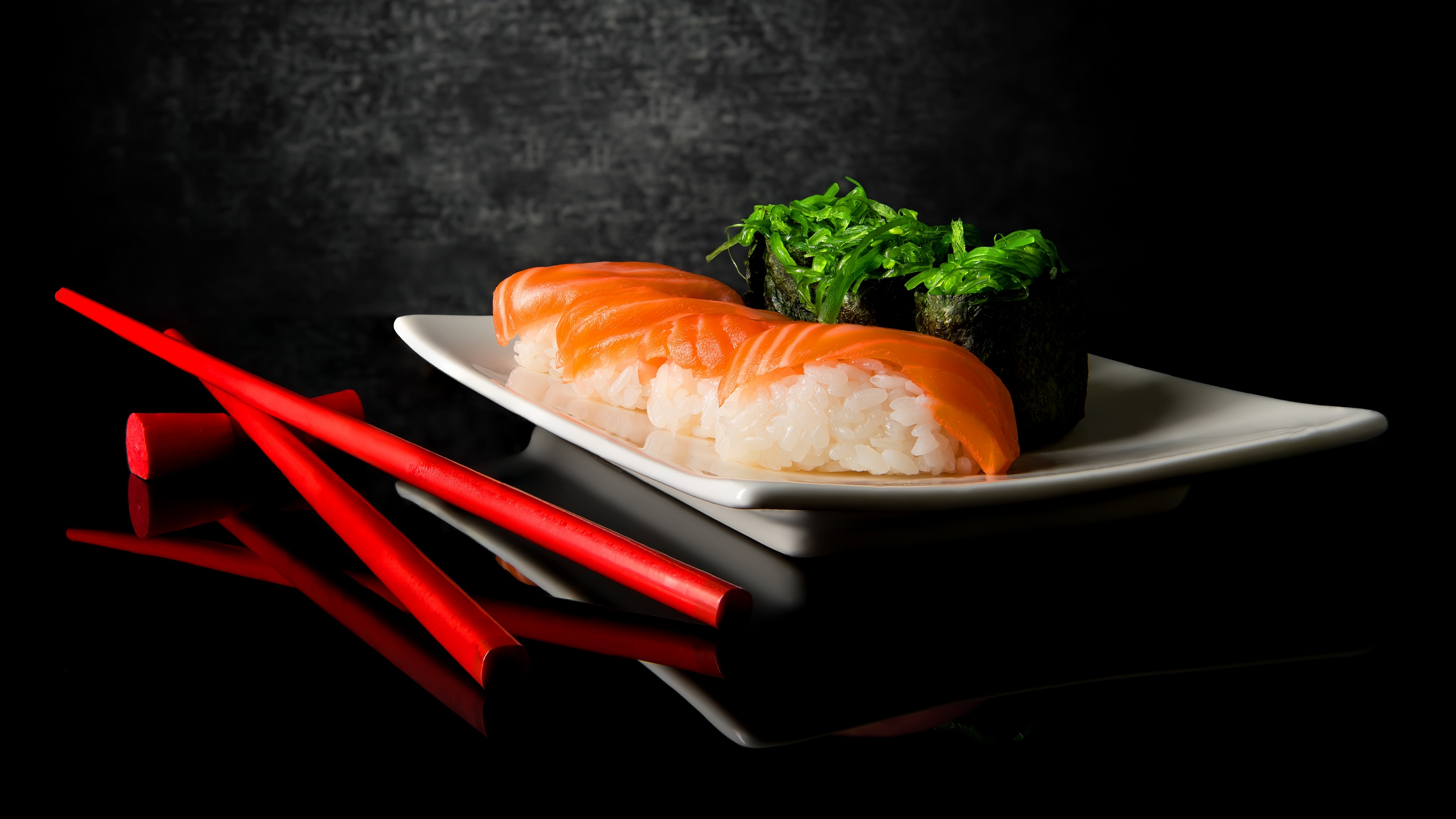 Sushi Food Still Life Dark Background Chopsticks Salmon Rice 3840x2160