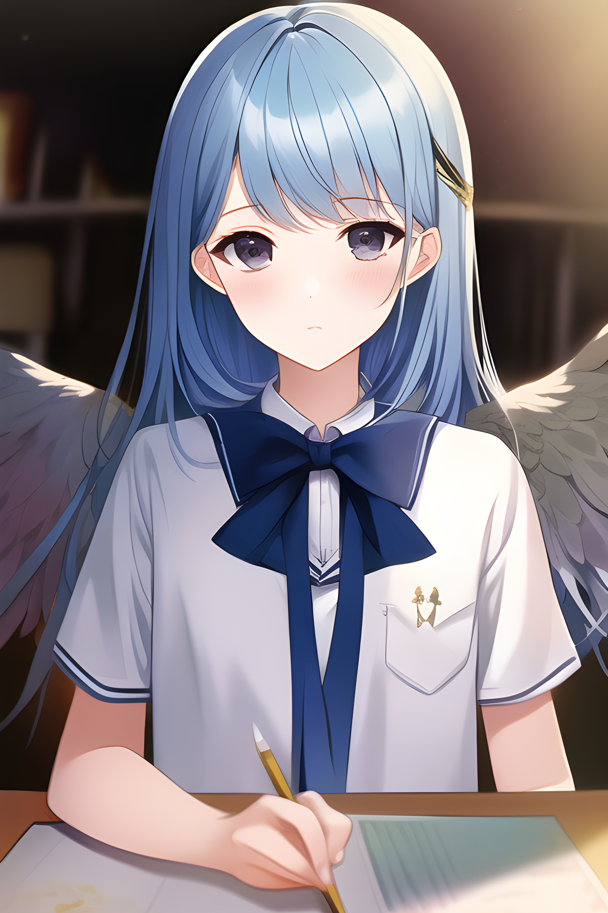 School Uniform Students Blue Hair Angel Black Eyes Classroom Anime Girls Angel Wings Wings Schoolgir 2048x3072