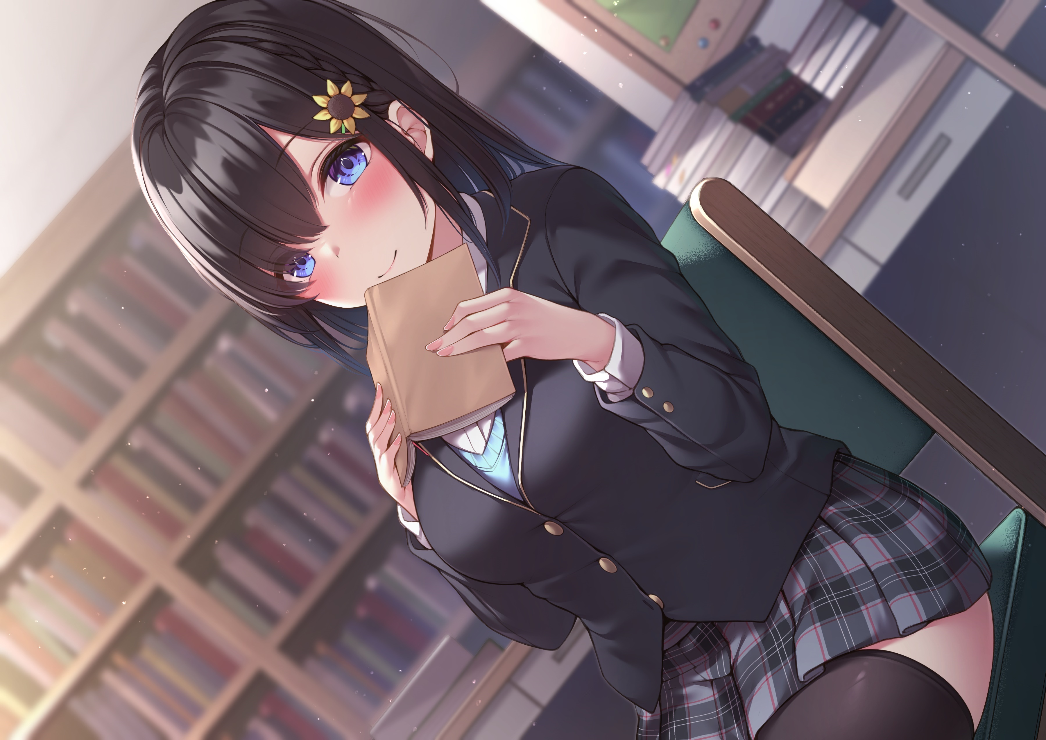 Anime Anime Girls Schoolgirl School Uniform Blushing Blue Eyes Books Library 3600x2545