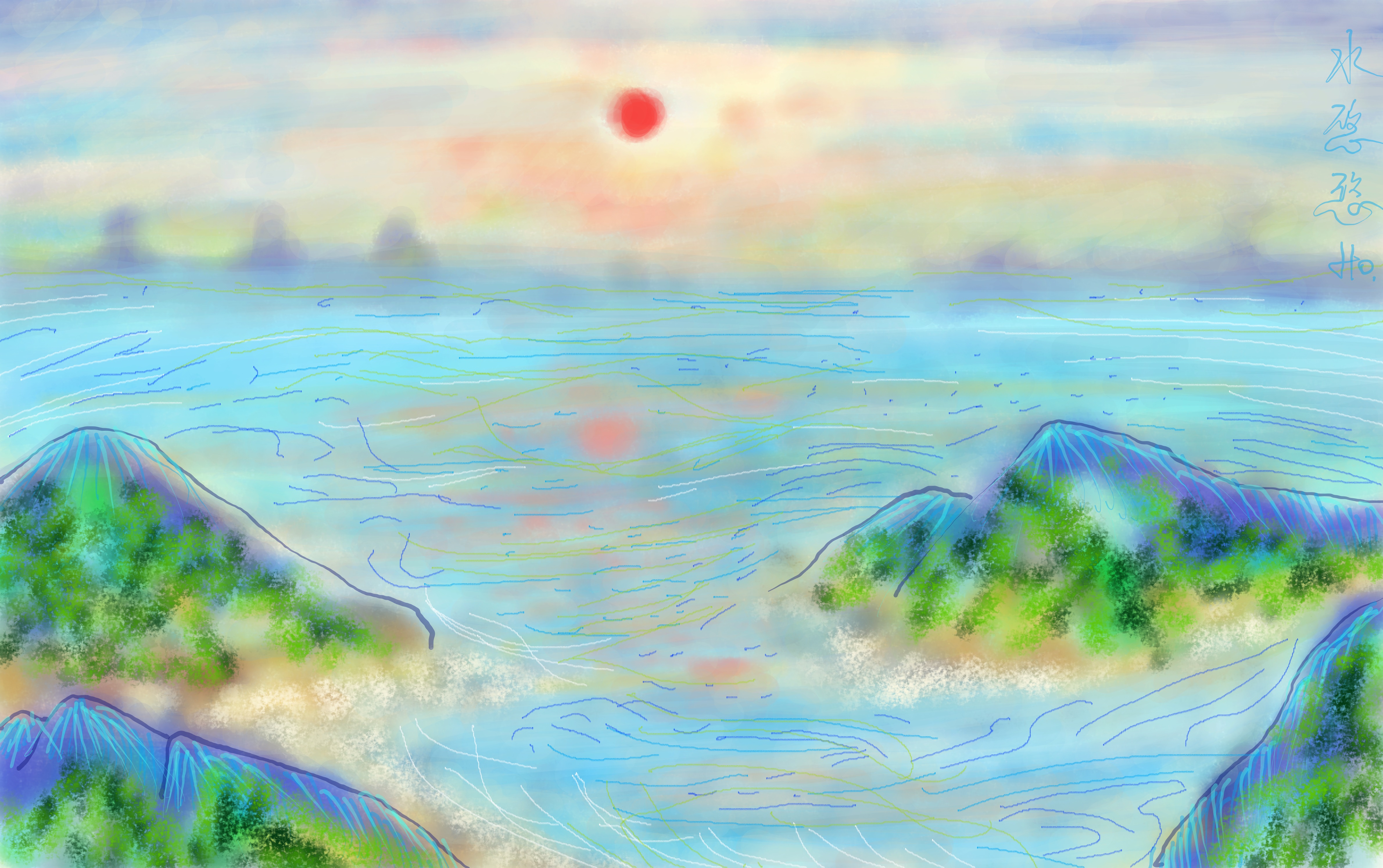 Landscape Island Sea Sun Painting Modern Impressionism Digital Painting FishermanHo Water Artwork 4760x2988