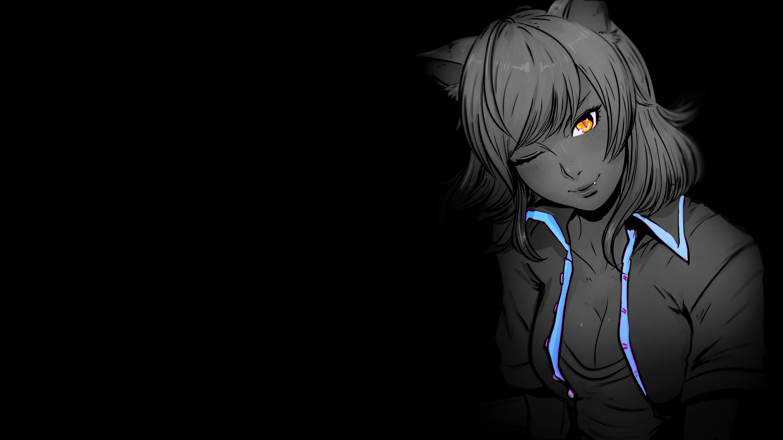 Black Background Dark Background Selective Coloring Simple Background Anime Girls Cat Girl Cat Ears  2560x1440
