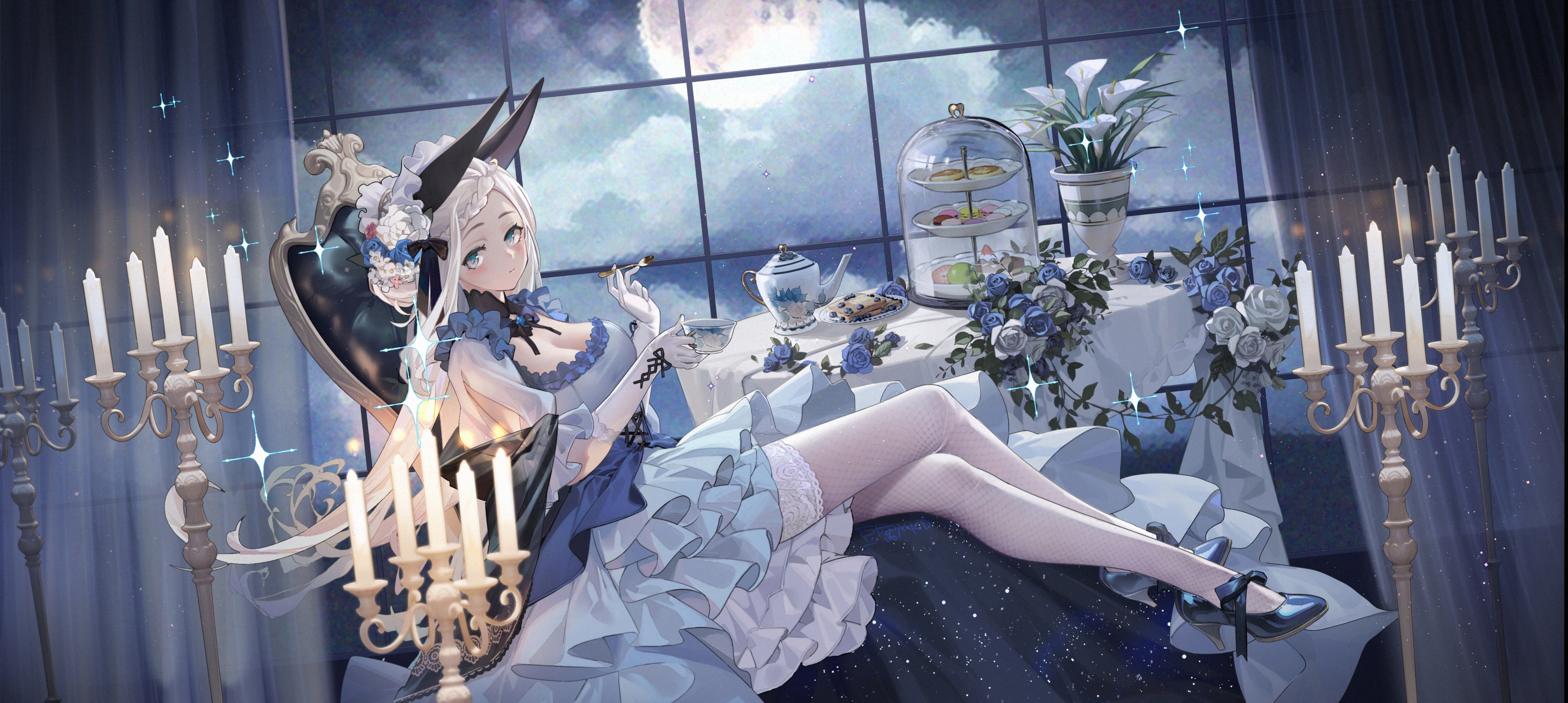 Anime Anime Girls Dress Legs Crossed Candles Looking At Viewer Window Moon Sky Clouds Long Hair Glov 3500x1570