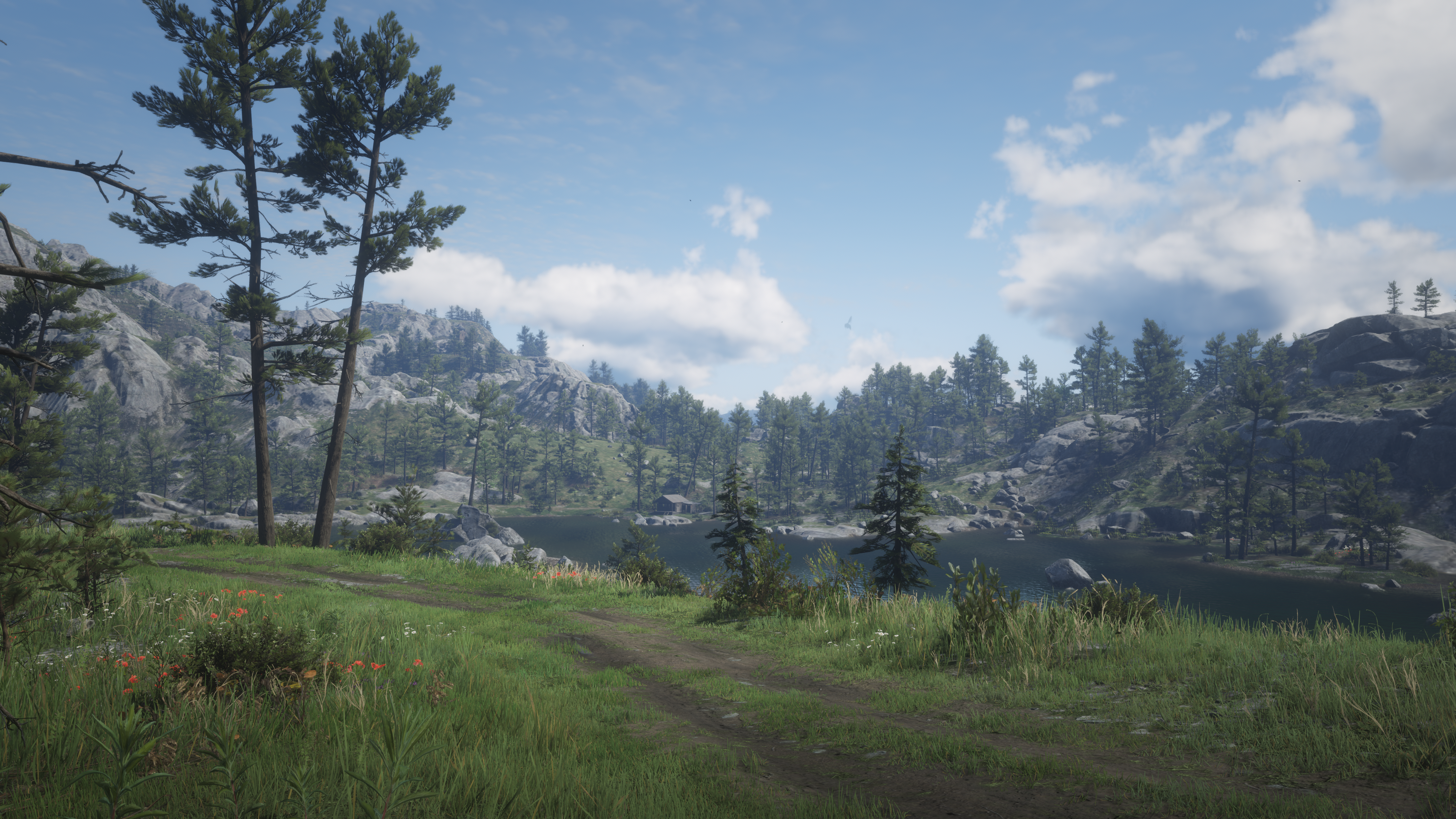 Red Dead Redemption 2 Nature Mountain View Clouds Video Games Sky Trees Path Water Mountains CGi Lan 3840x2160