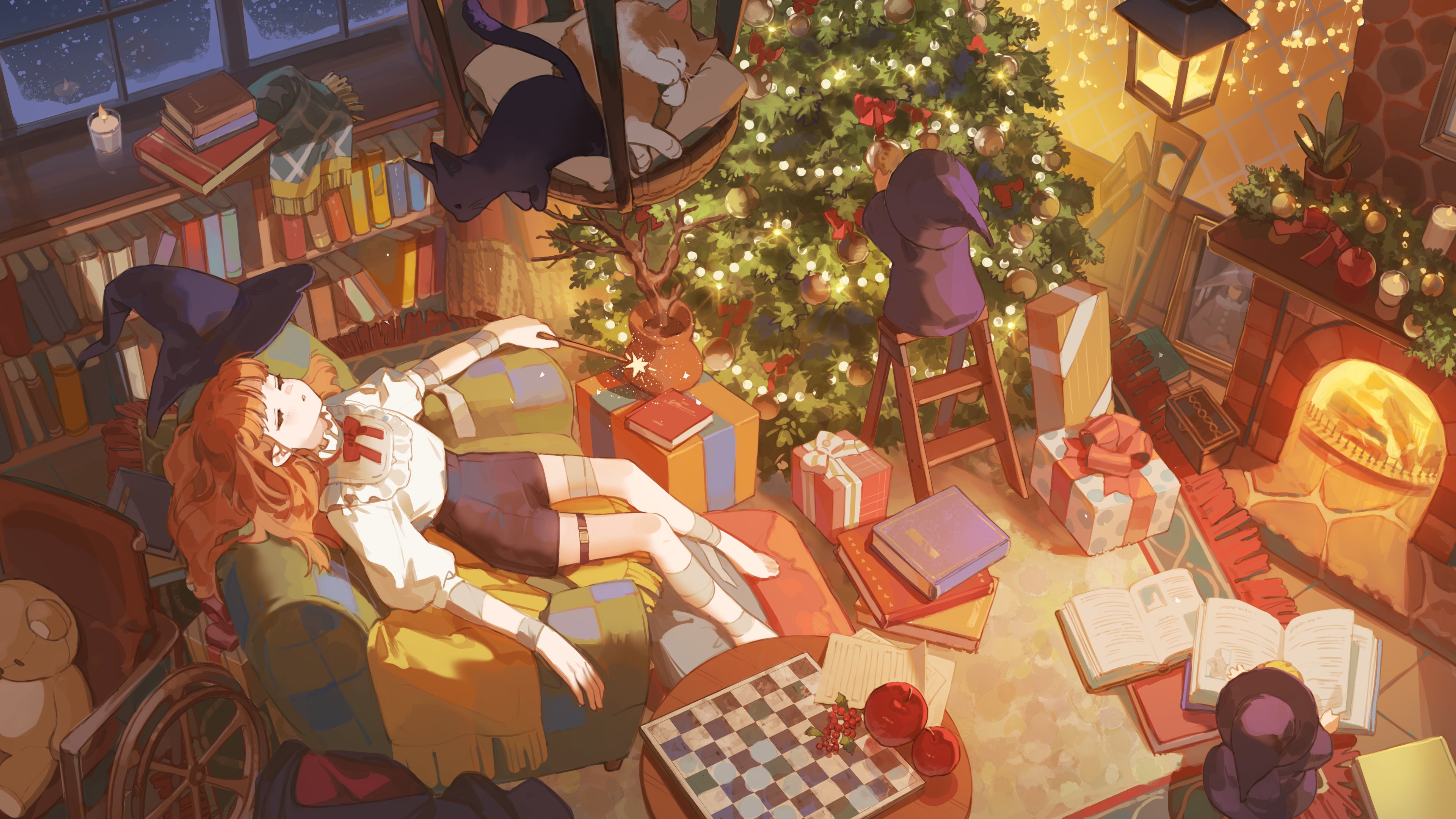 Anime Girls High Angle Christmas Chessboard Christmas Tree Interior Christmas Ornaments Cats Christm 3840x2160
