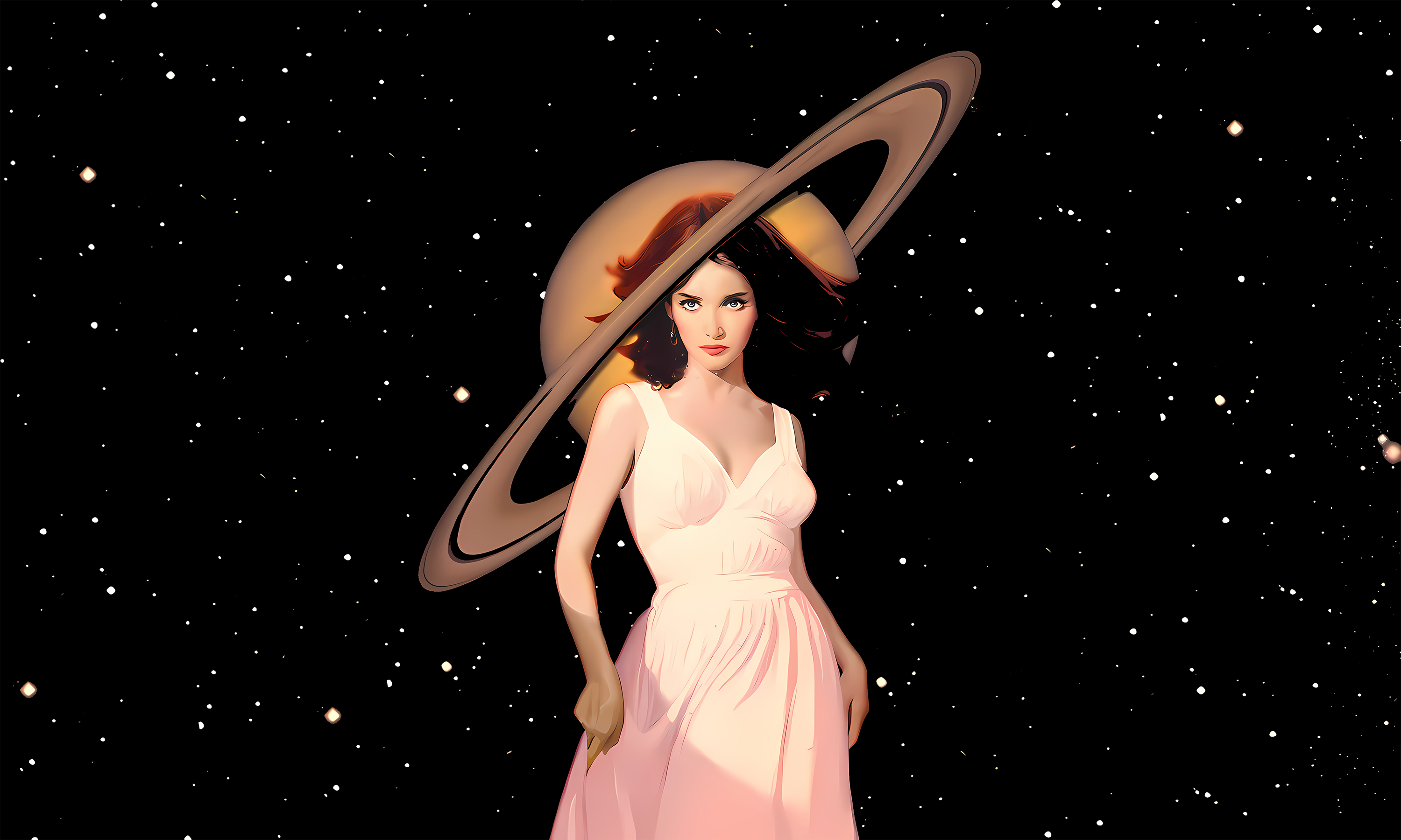 Saturn Women Space Stars Simple Background 3000x1800