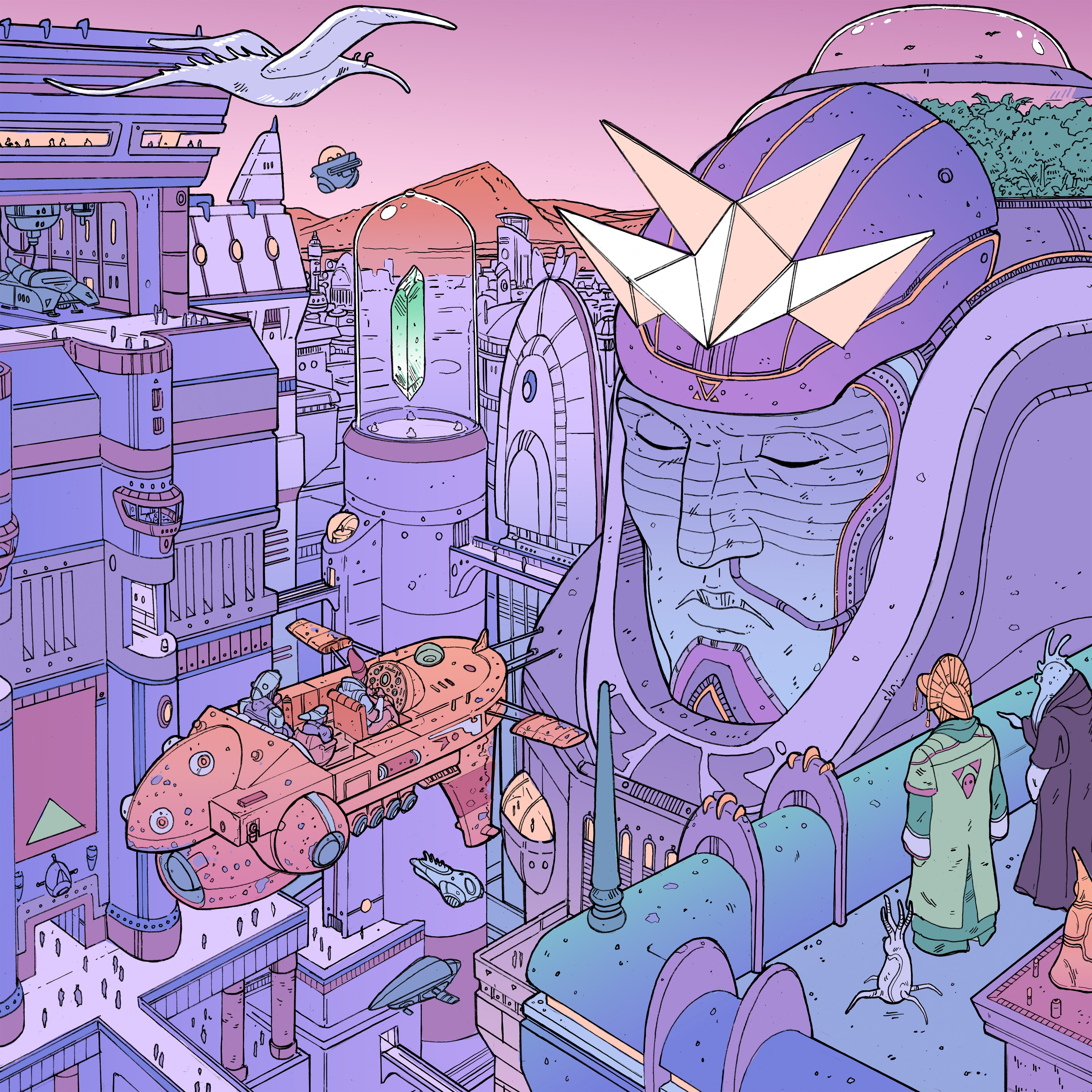 Calder Moore Architecture Illustration Digital Art Colorful Science Fiction Fantasy City Closed Eyes 4096x4096