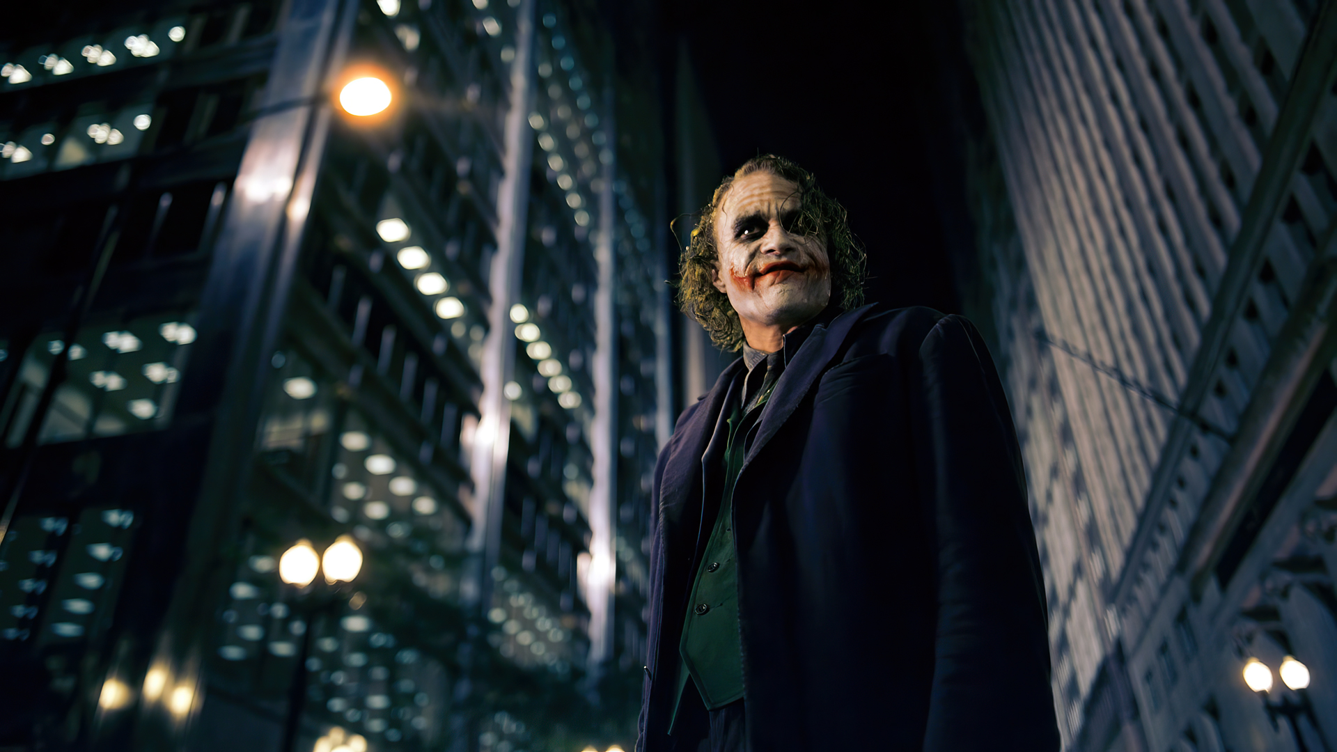 The Dark Knight Joker Heath Ledger Actor Gotham City Movies Film Stills Street Light Building Clown 1920x1080