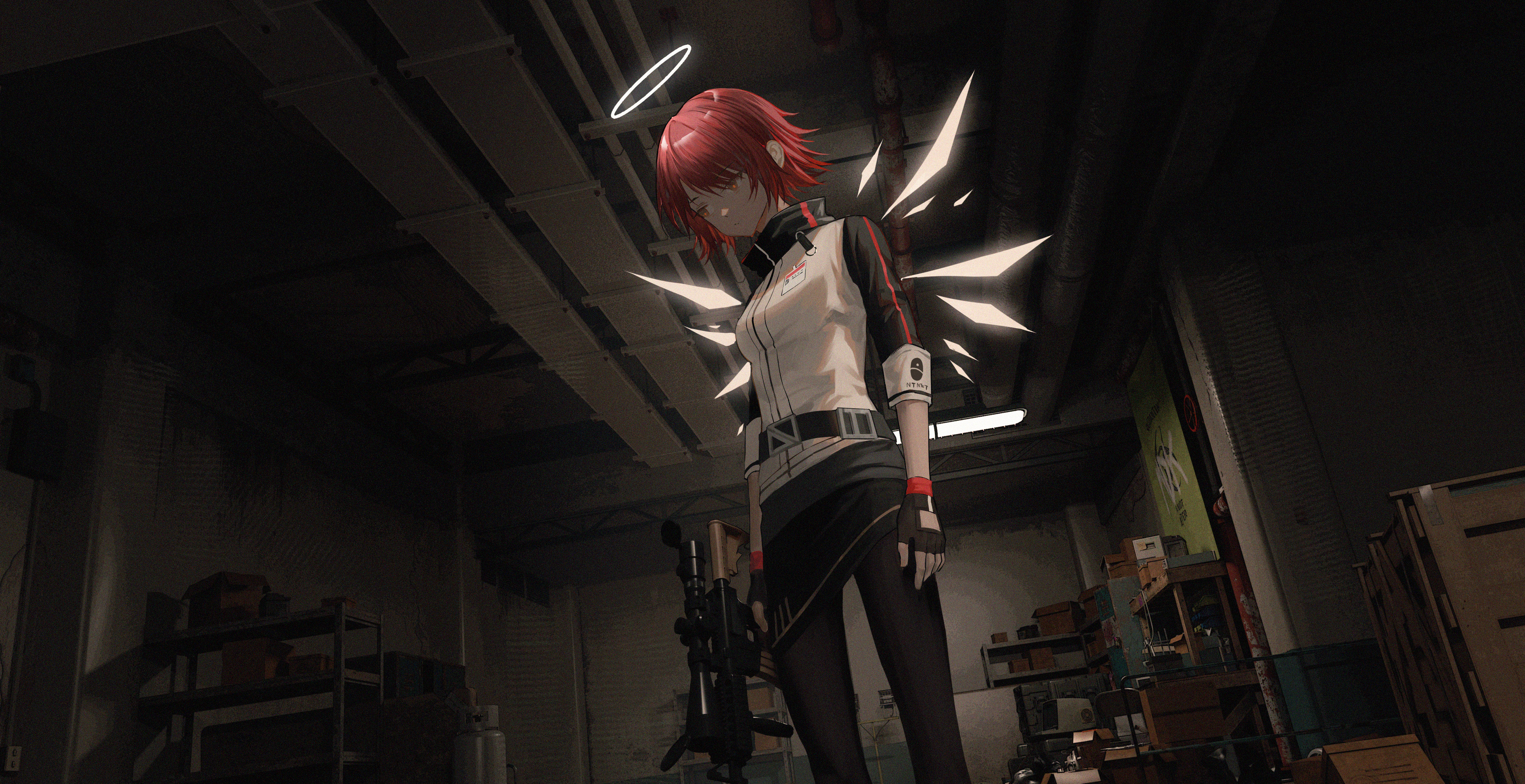 Anime Anime Girls Homutan Exusiai Arknights Arknights Redhead Nimbus Gun Red Eyes Fingerless Gloves  4500x2314