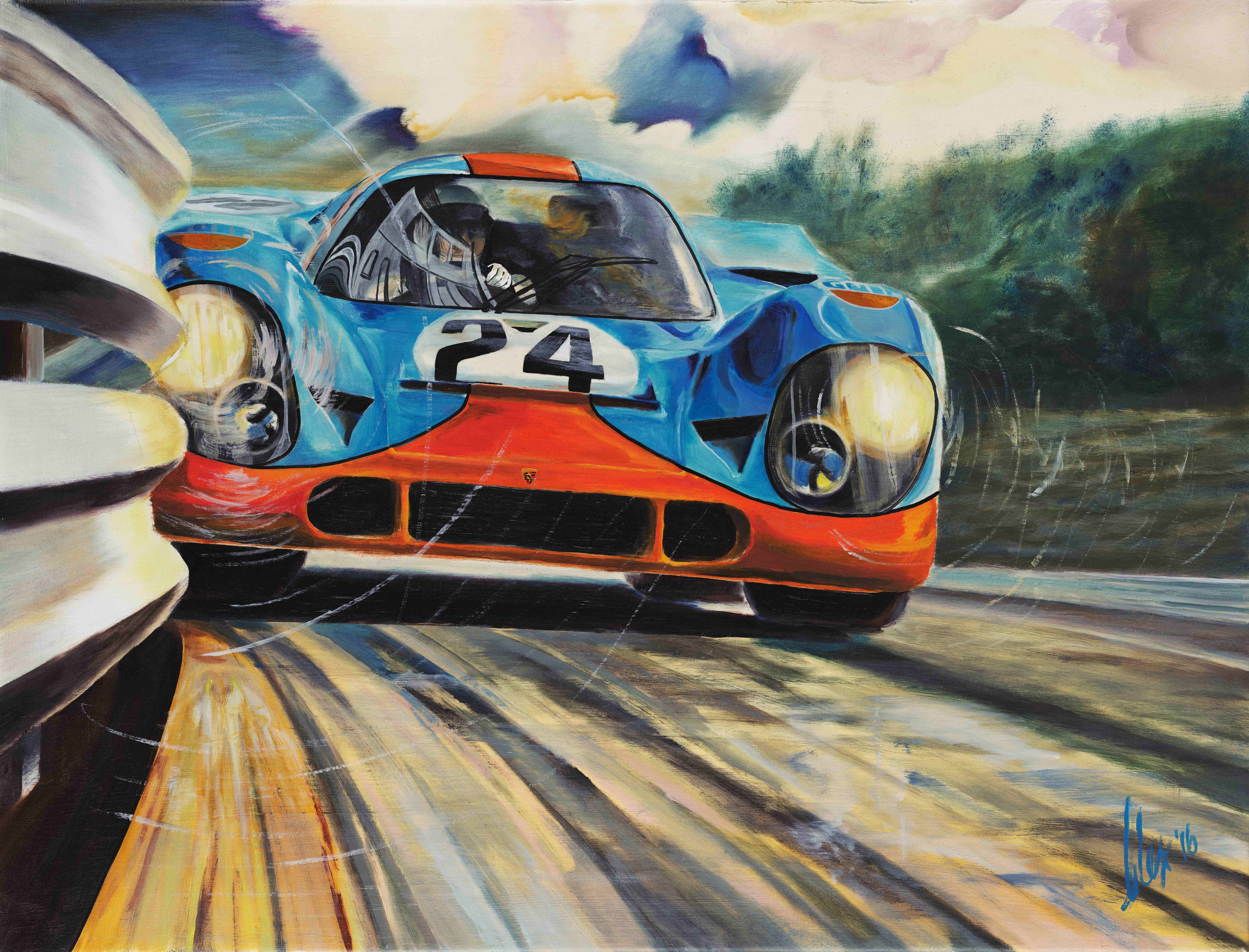 Artwork Oil Painting Gulf Porsche 917 Alex Wakefield Spa Francorchamps Signature Front Angle View Sk 8000x6097