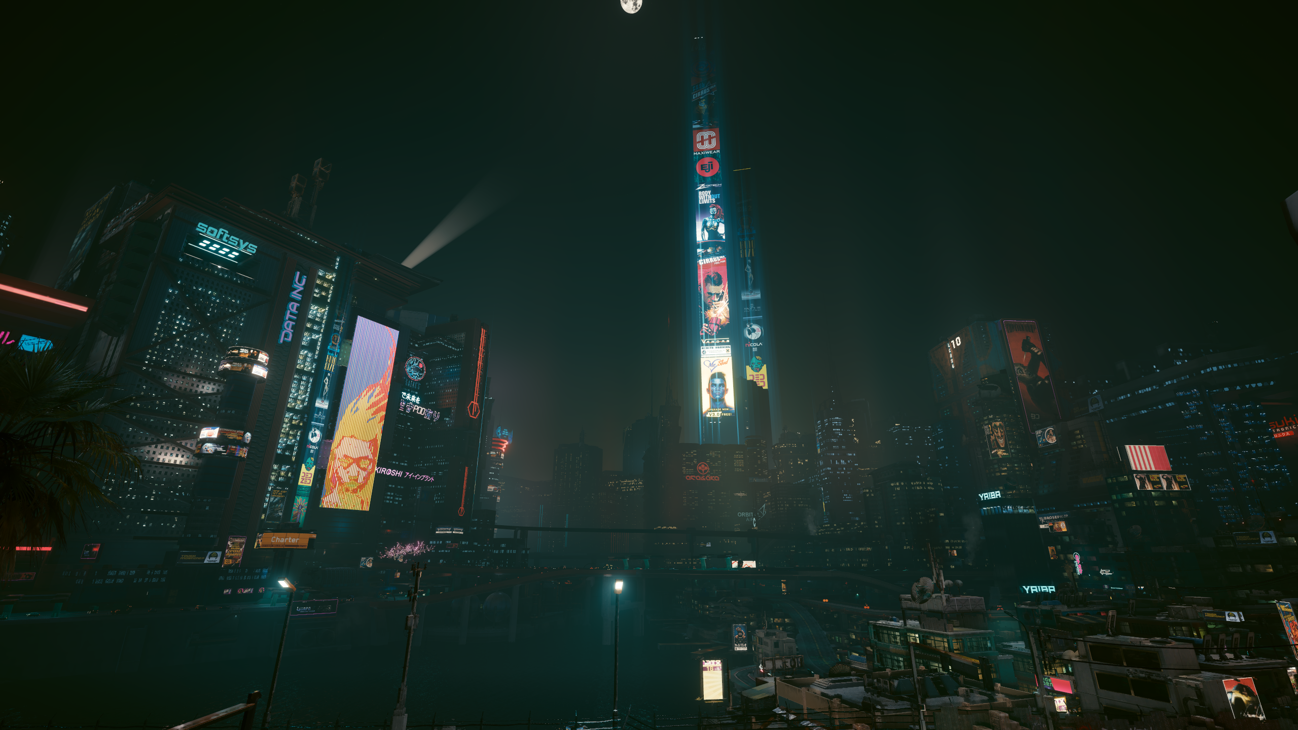 Cyber Game Concept Cyberpunk 2077 CD Projekt RED City Video Games City Lights Night Moon Building CG 2560x1440