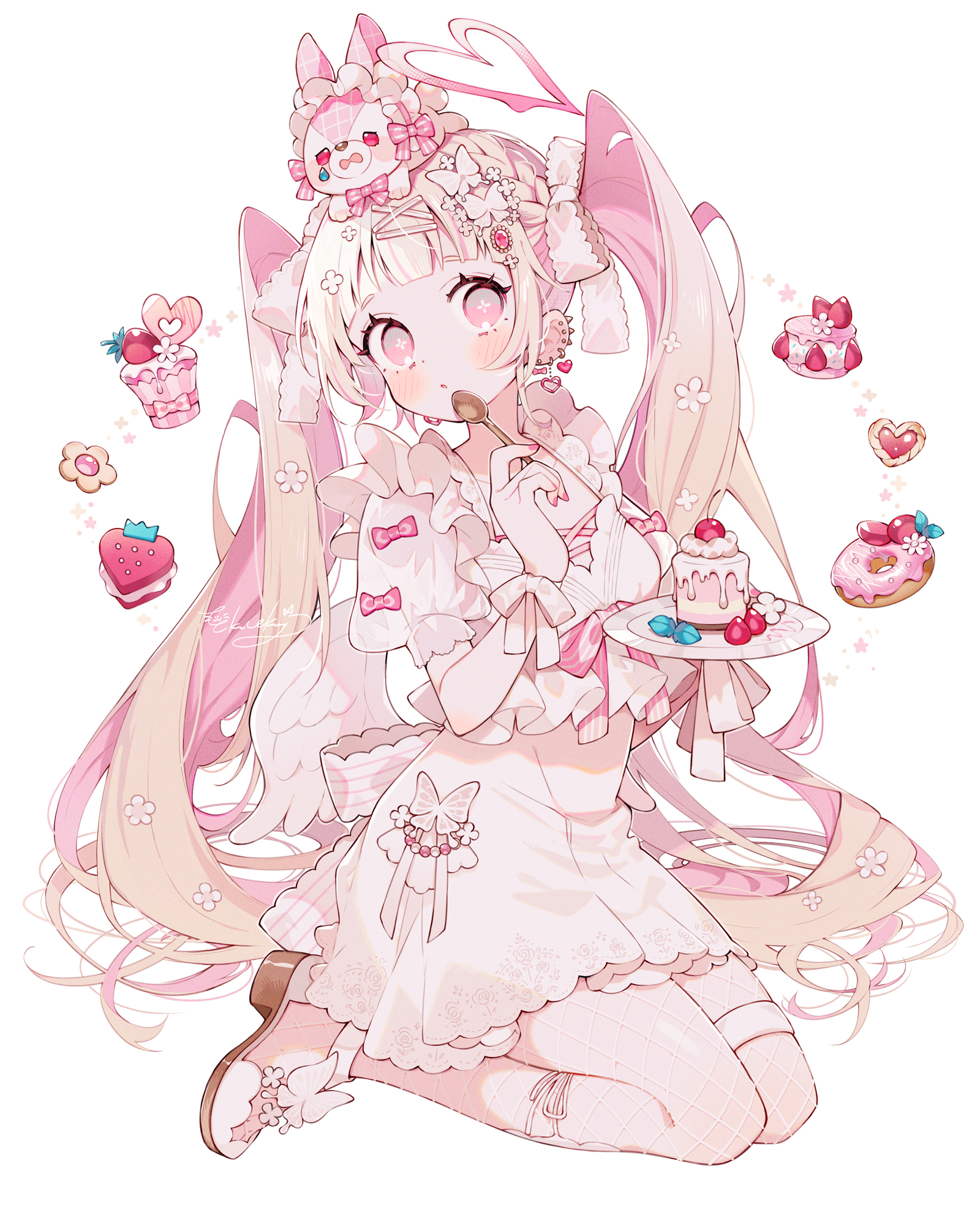 Anime Pixiv Anime Girls Portrait Display Twintails Strawberries Looking At Viewer Dress Cake Sweets  1600x1974