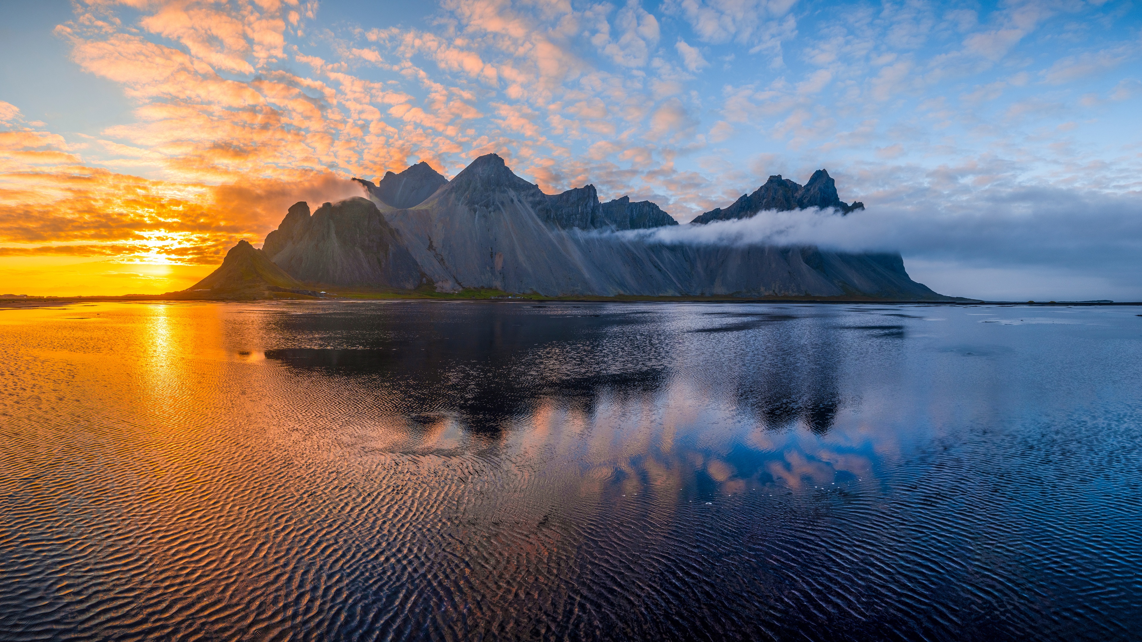 Nature Landscape Iceland Vestrahorn Sea Beach Water Sky Clouds Sunset Reflection Mountains Sunset Gl 3840x2160