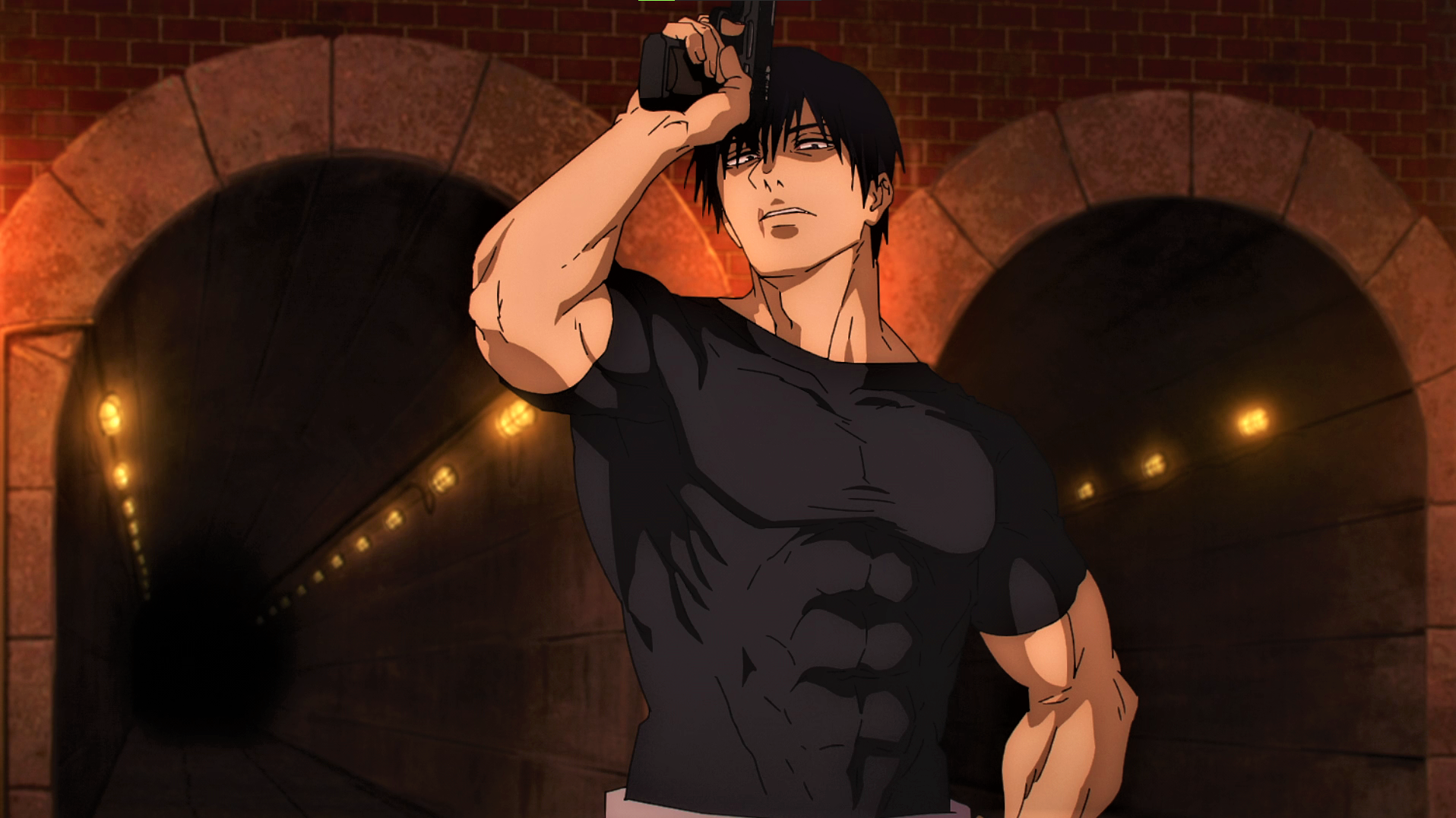 Jujutsu Kaisen Fushiguro Toji Muscles Scars Gun Anime Anime Screenshot Anime Boys Looking At Viewer 1916x1076
