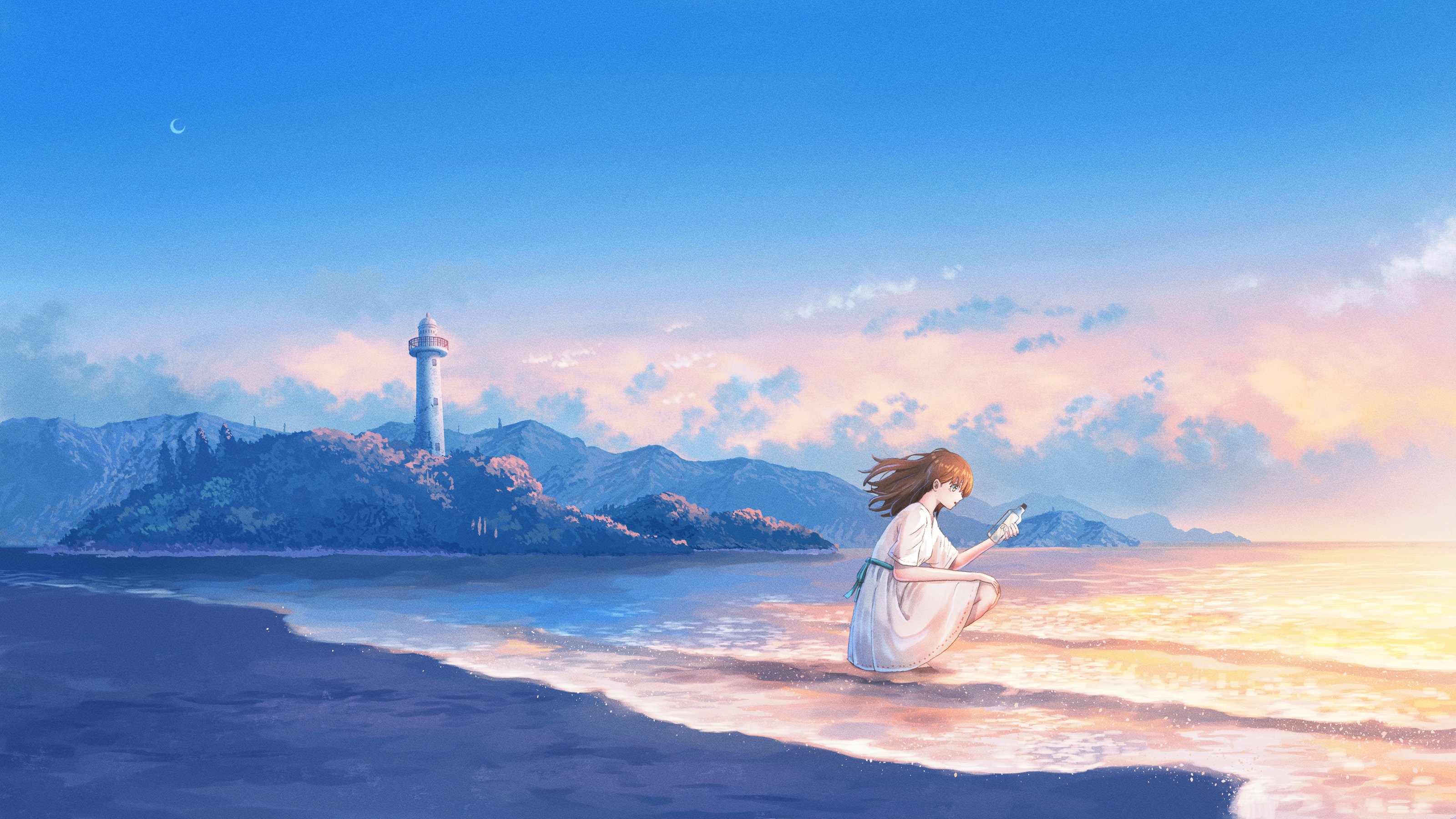 Anime Girls Beach Light House Bottles White Dress Profile Crescent Moon Moon Water Waves Sky Clouds  3200x1800