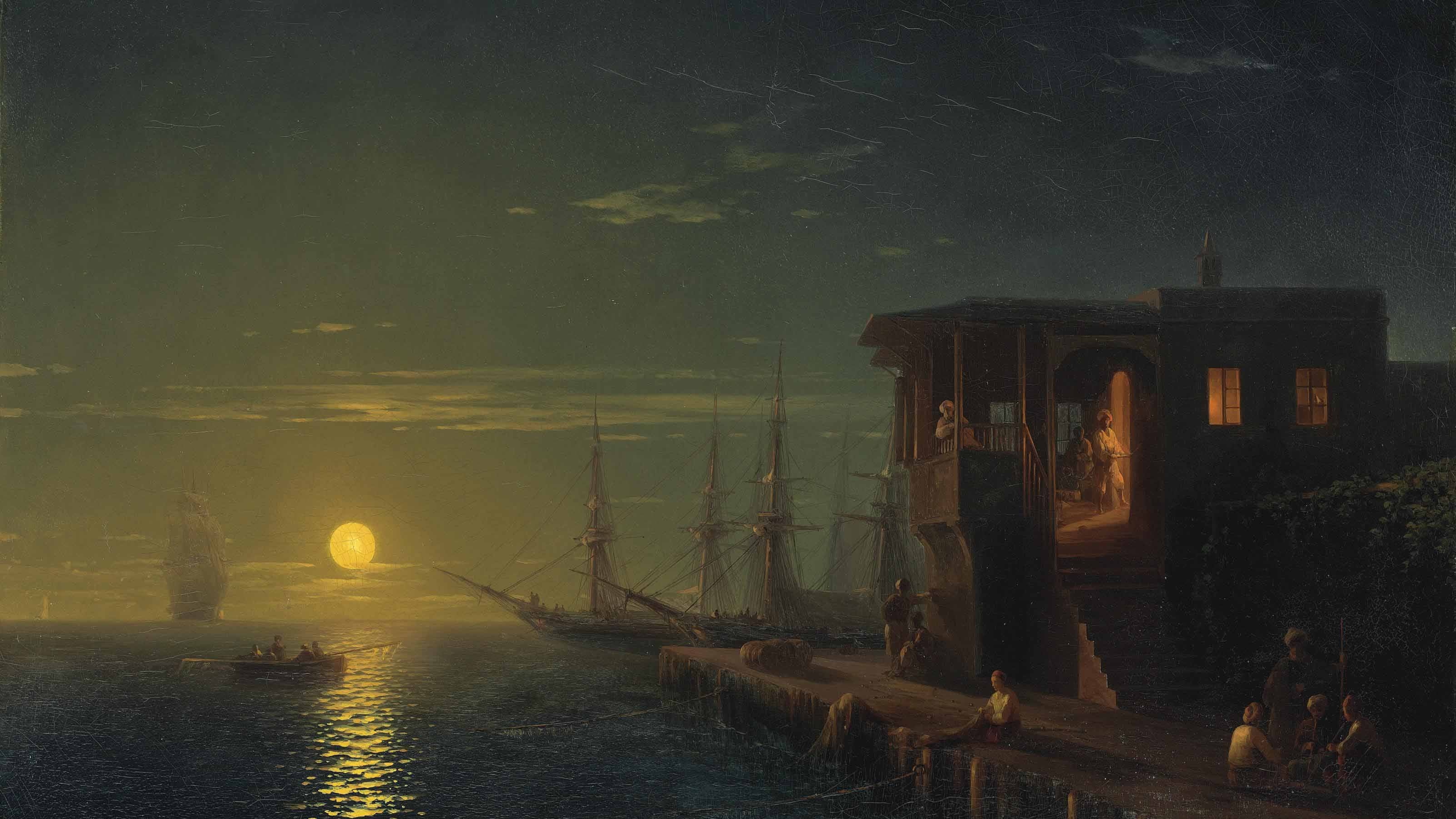 Sunset Ocean View Clear Sky Ship Painting Ivan Aivazovsky Sailing Ship Dusk People House Water Artwo 3199x1800