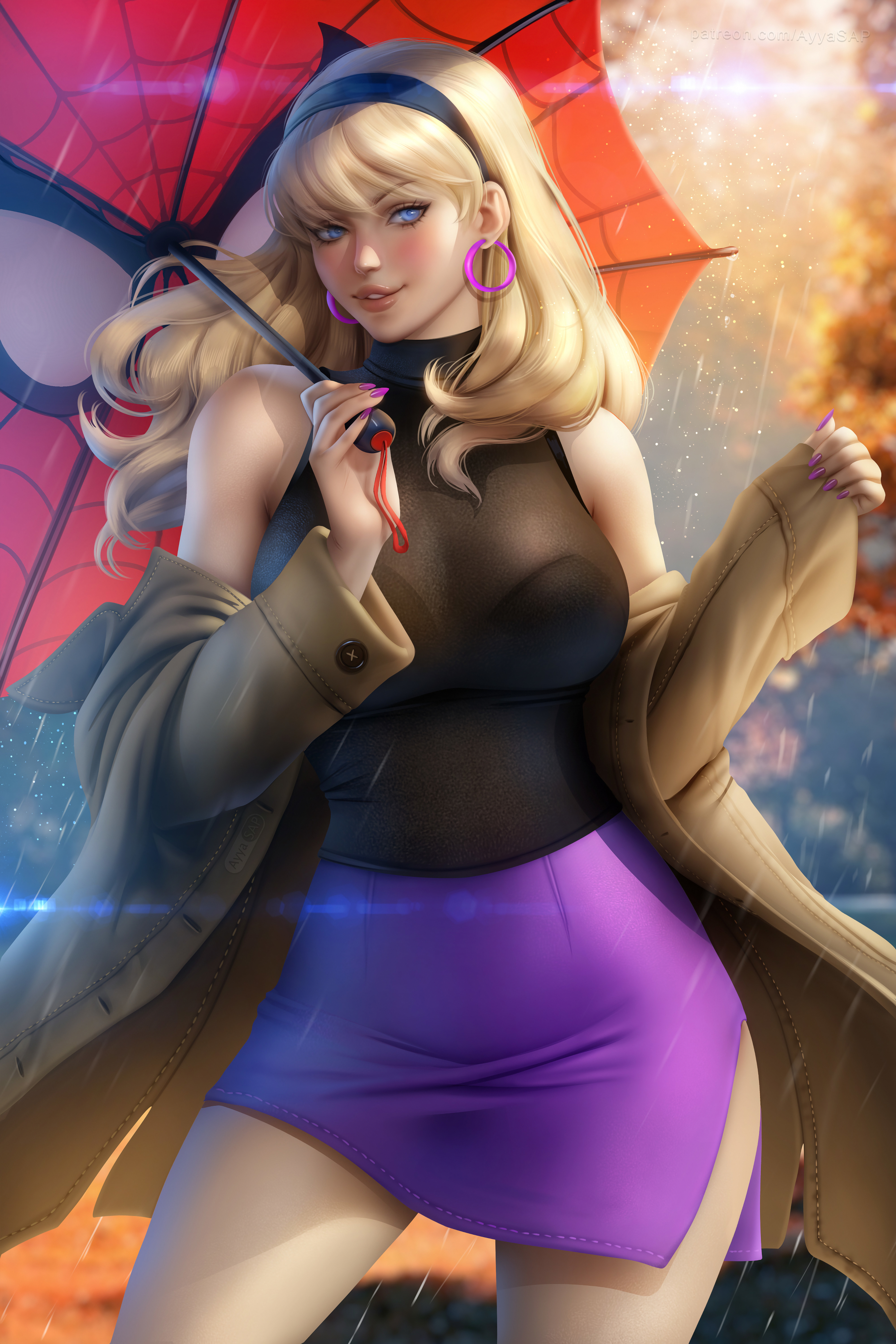 Gwen Stacy Spider Man Marvel Comics Blonde Fictional Character Umbrella Coats 2D Artwork Drawing Fan 3000x4500