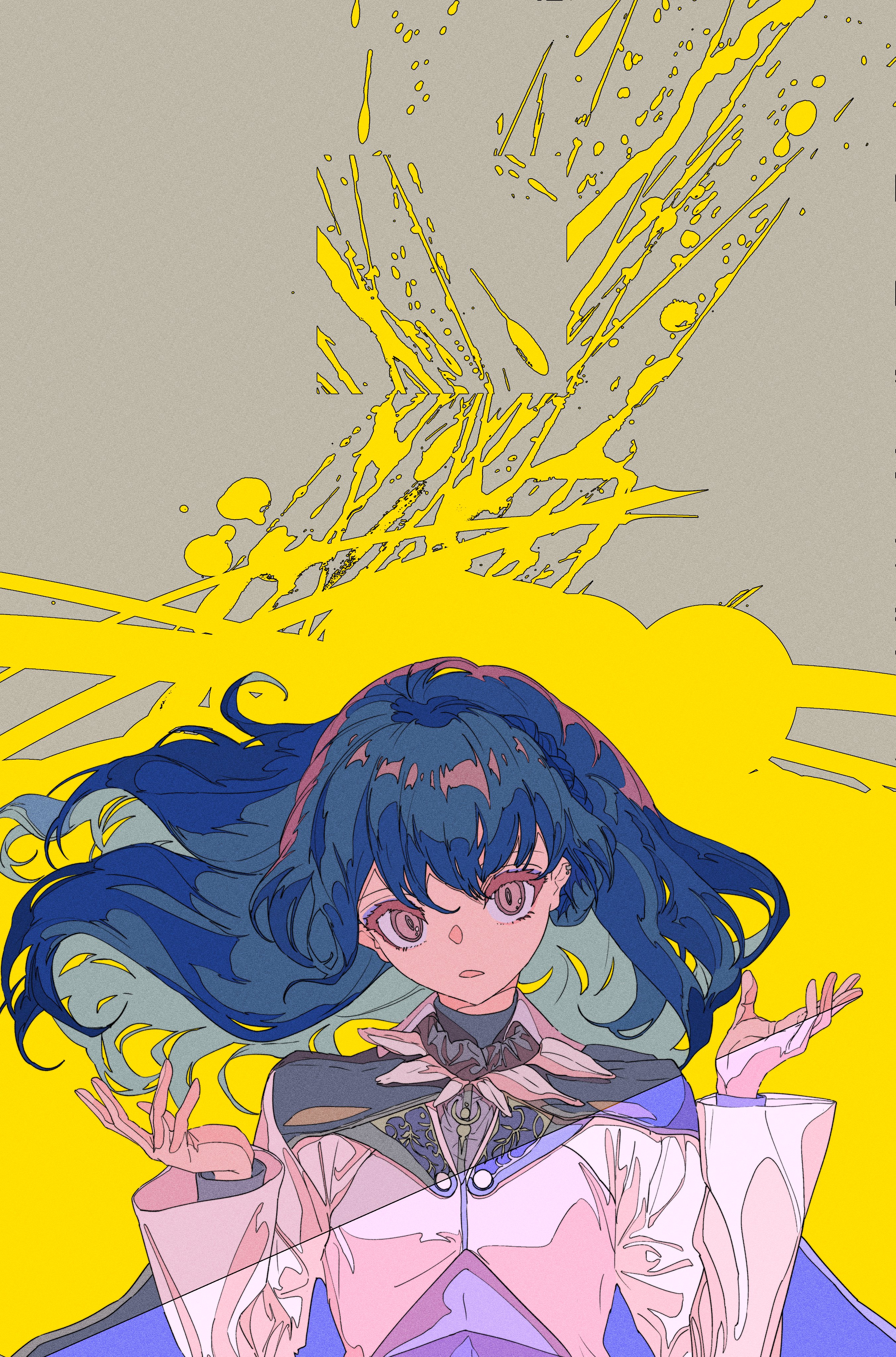 Anime Anime Girls Artwork Illustration Yellow Background Digital Art Dark Blue Hair Portrait Display 2705x4096
