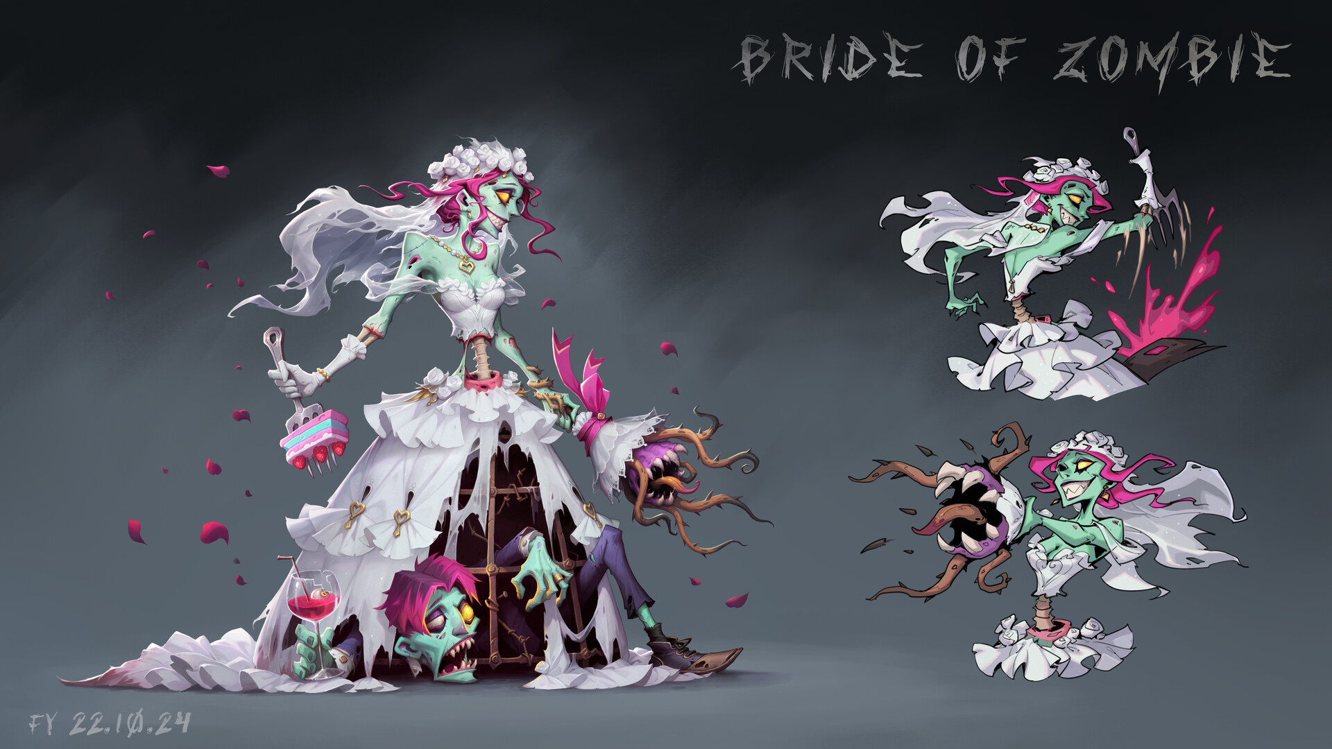 Artwork Digital Art Women Zombies Undead Fantasy Art Brides Grin White Dress Dress Food Cake Head Ro 1920x1080