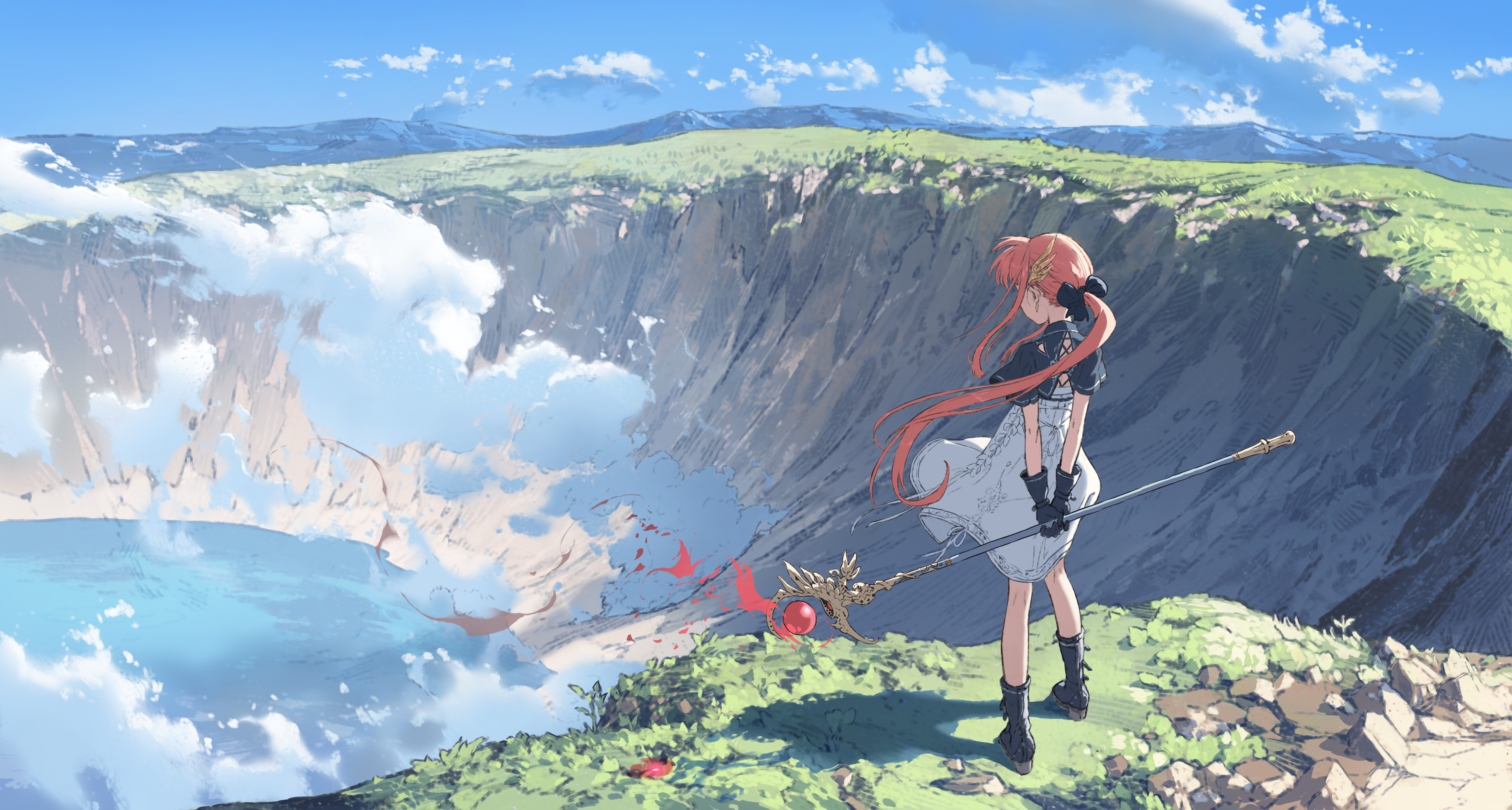 Anime Girls Wizard Staff Crater Long Hair Ponytail Hair Blowing In The Wind Standing Clouds Looking  3733x2000