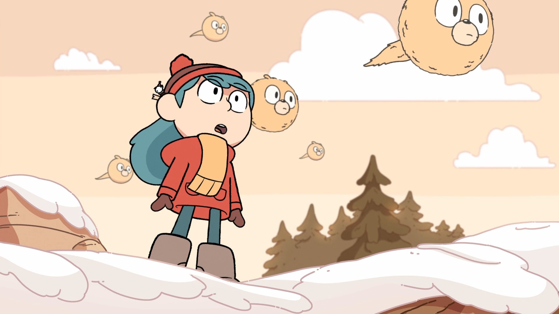 Women Hilda Jacket Animation Pine Trees Snow Scarf Boots Fictional Creatures Pompon Hat Open Mouth S 1920x1080
