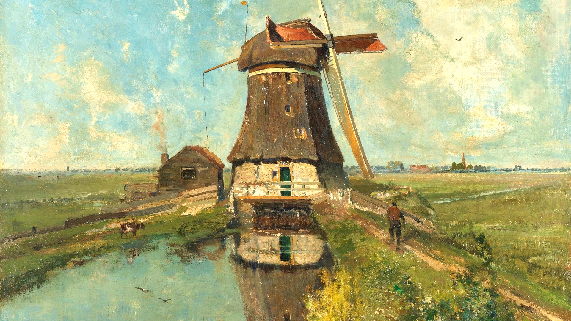 Painting Classical Art Landscape Windmill Paul Gabriel Artwork 1920x1080