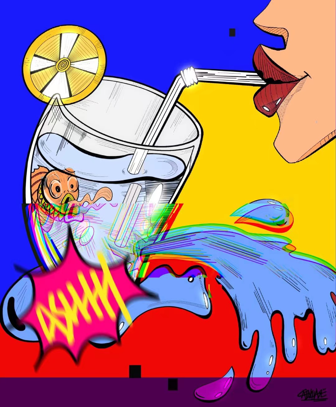 Pop Art Illustration Drink Water Fish Colorful Drinking 1080x1308