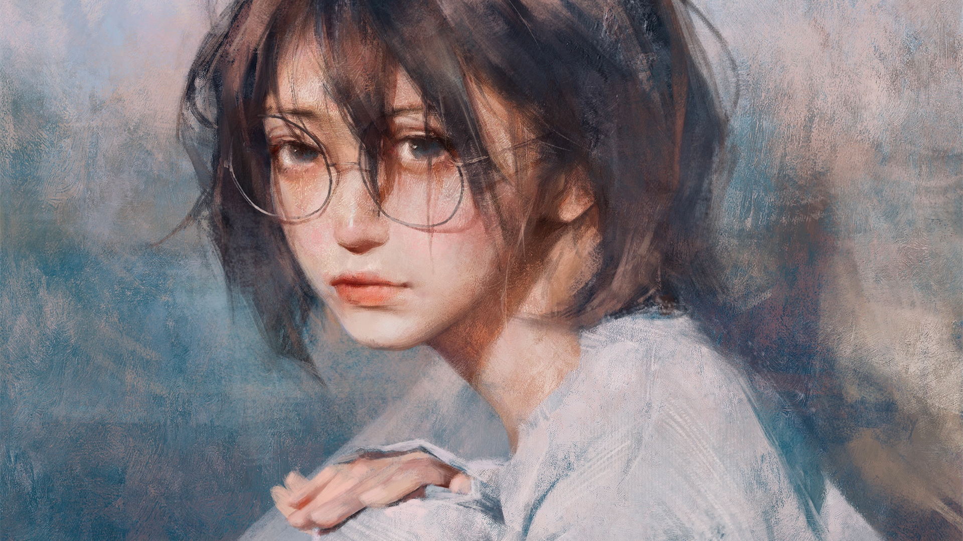 Artwork Anime Girls Short Hair Glasses Handrail White T Shirt Digital Art 1920x1080
