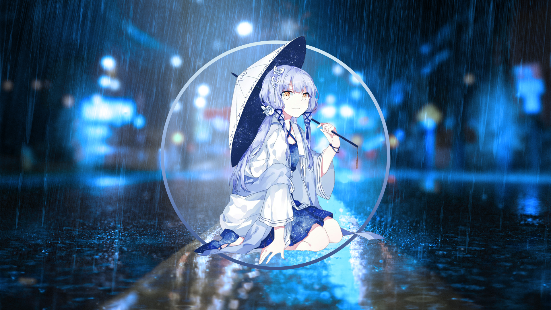 Picture In Picture Anime Girls Anime Rain Vocaloid Stardust Vocaloid Umbrella Blue Hair Yellow Eyes 1920x1080