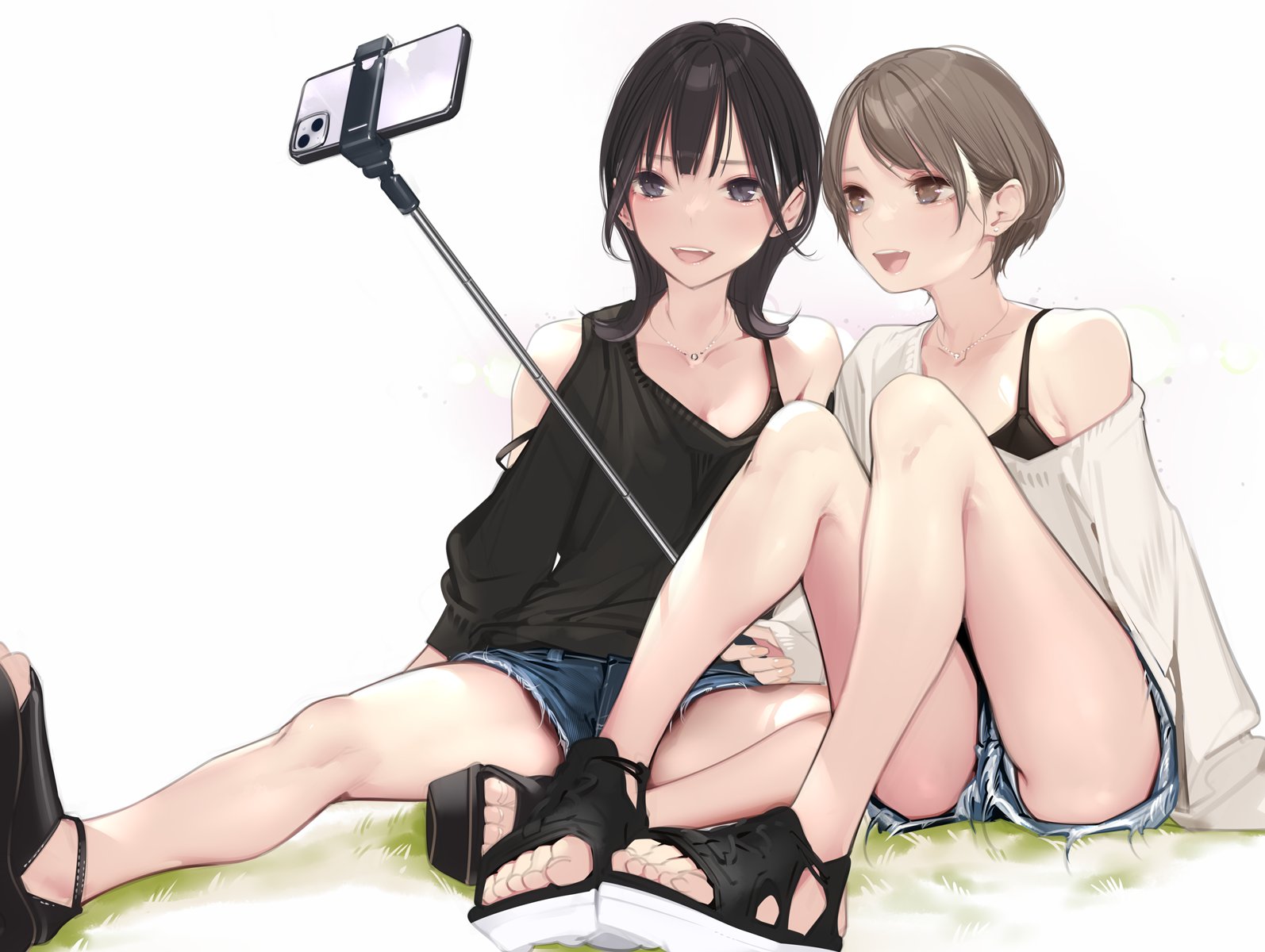 Anime Girls Simple Background Selfie Stick Minimalism White Background Selfies Phone Short Shorts Le 1594x1200