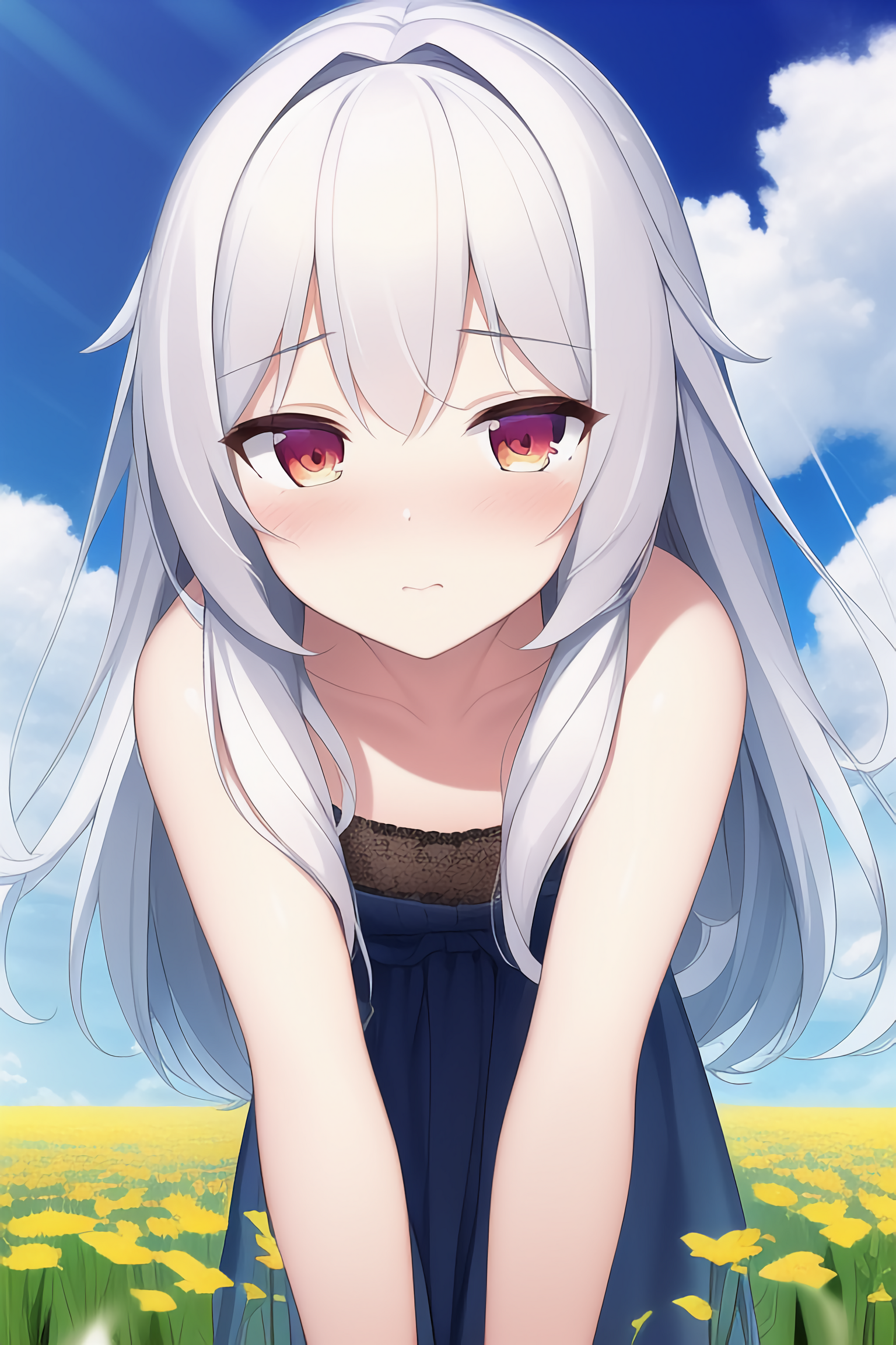 Anime Ai Anime Girls Flowerbomb Skirt Silver Hair Red Eyes Flowers Clouds Blushing 1536x2304