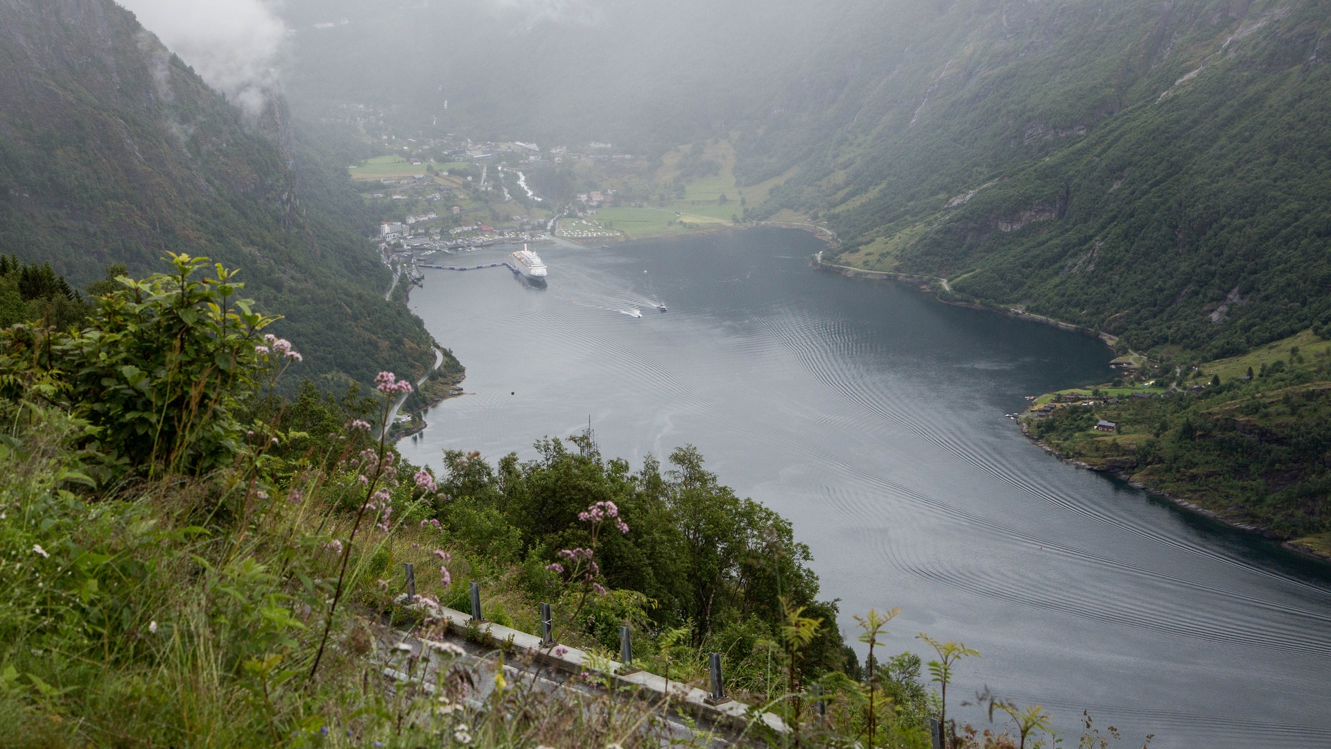 Landscape Norway Water Mountains Nature Fjord Flowers Boat Village 1920x1080