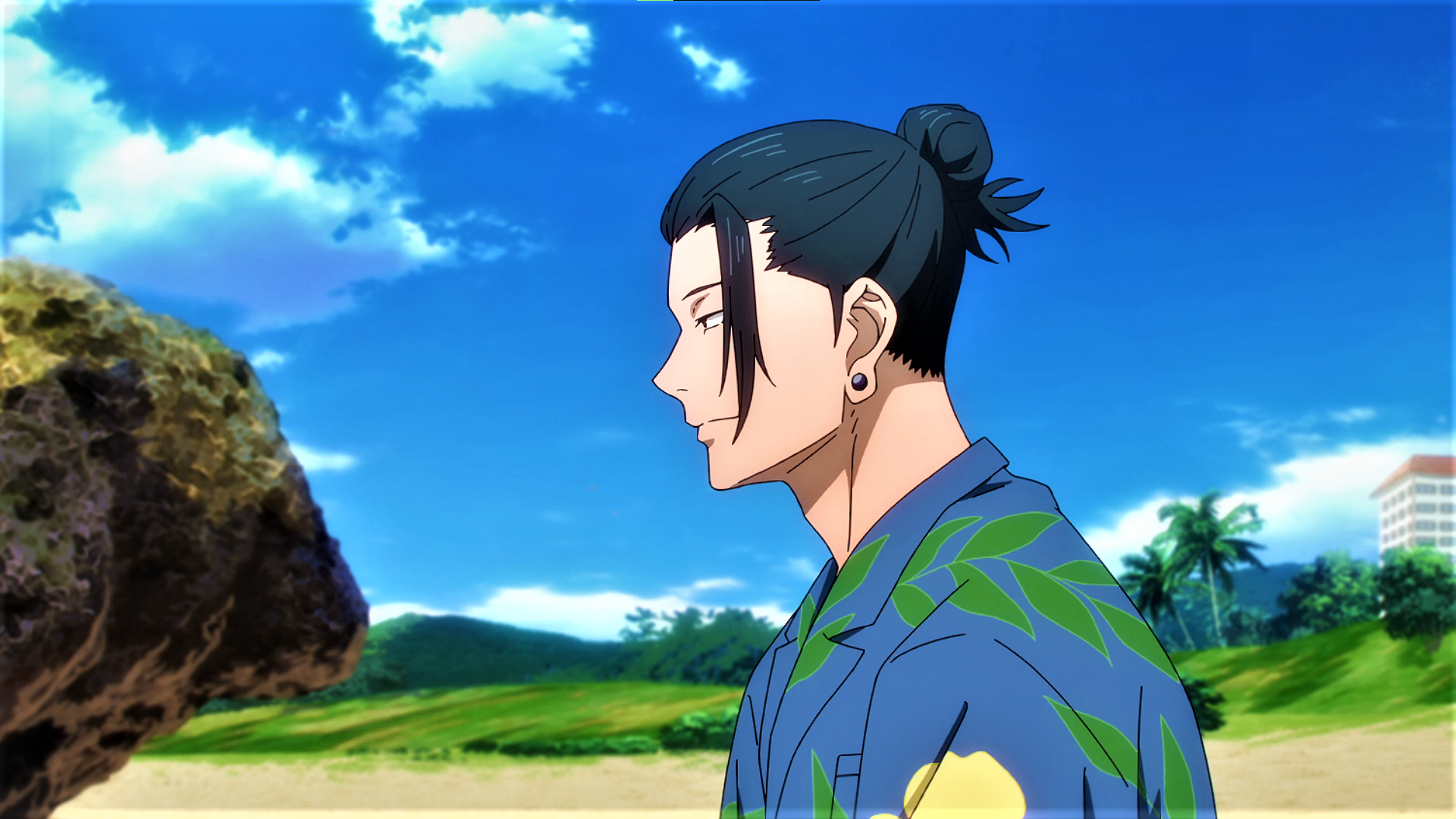 Jujutsu Kaisen Suguru Geto Earring Bun Sky Clouds Palm Trees Sand Anime Anime Screenshot Anime Boys 1920x1080