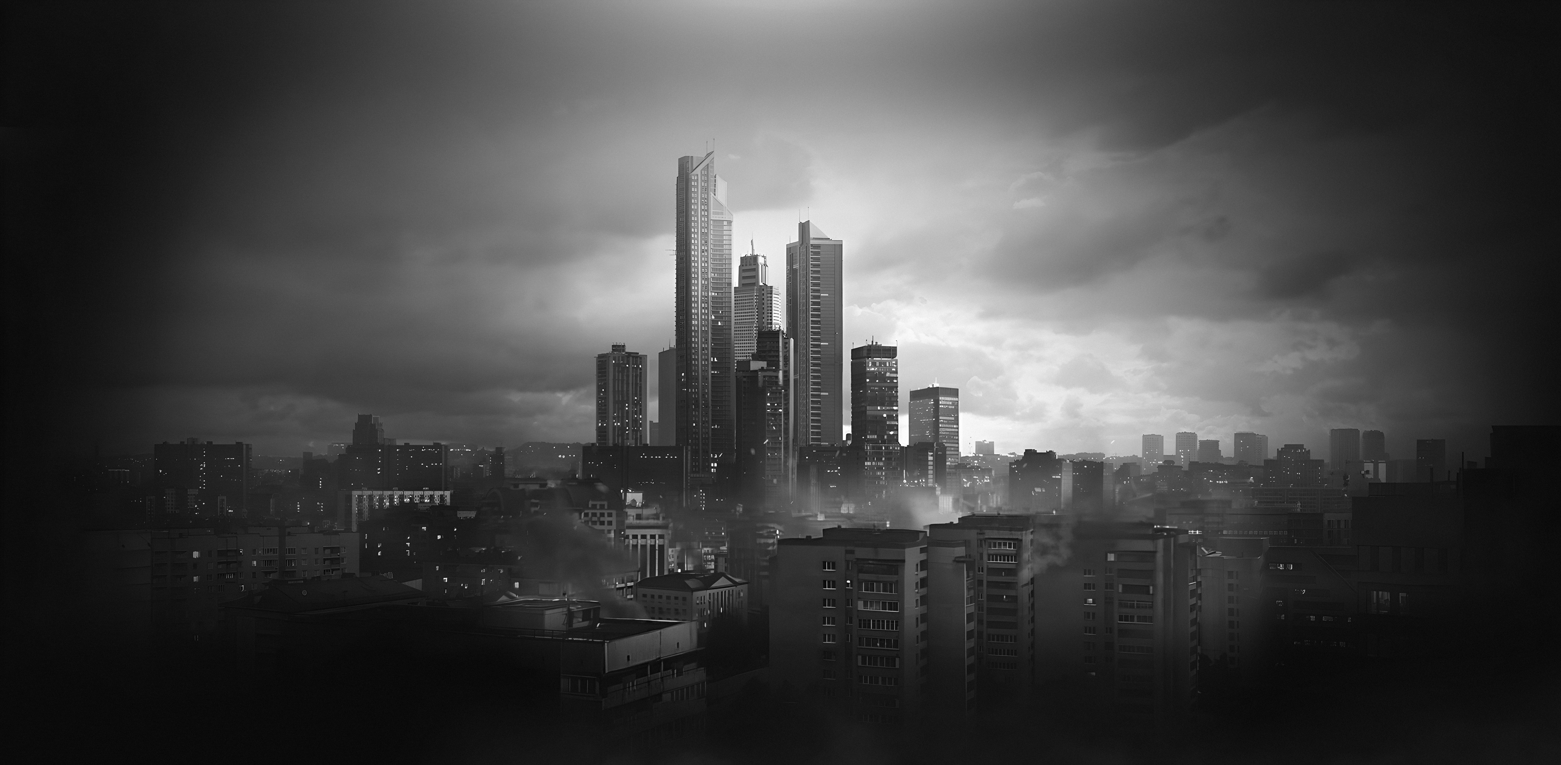 Escape From Tarkov Video Games City Digital Art Monochrome Clouds Scyscrapers Russia 5374x2635