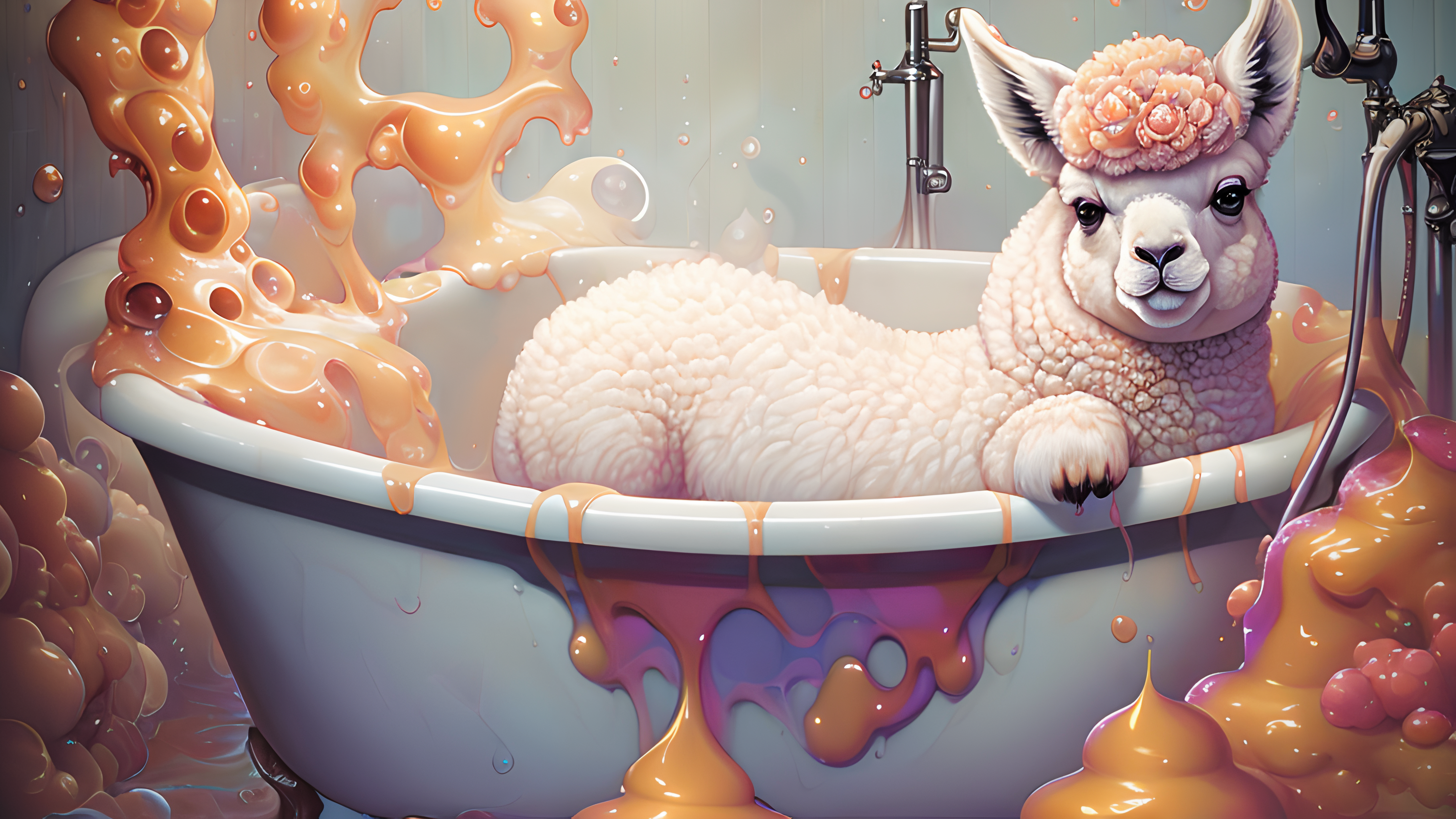 Ai Art Caramel Alpacas Animals Bathtub Sweets 3640x2048
